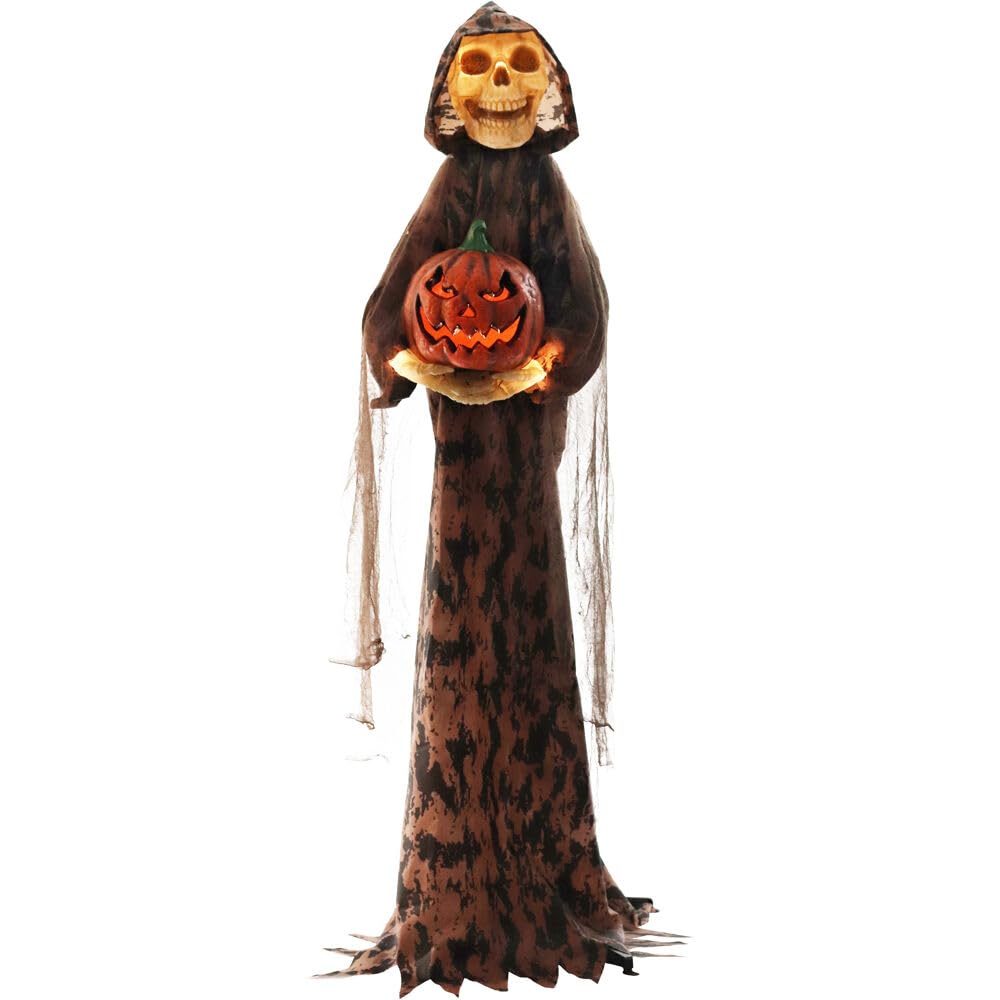Haunted Hill Farm Skeleton Greeter with Light-Up Pumpkin - 8 Spooky Lighting Modes & Timer - Perfect for Halloween Yard Decorations, Haunted House Props, and Outdoor Party Decor