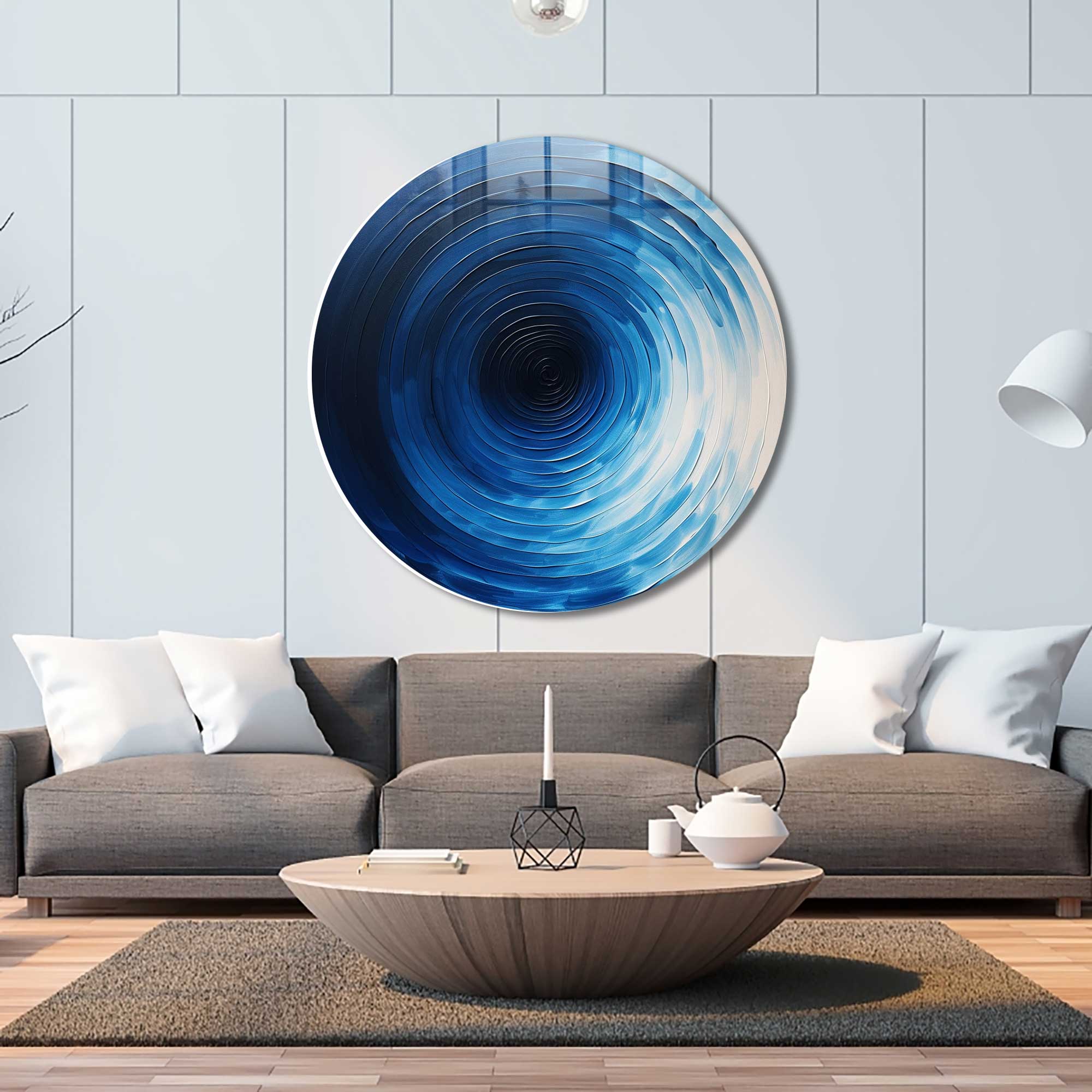 Fifty Shades of Blue Rounded Glass Wall Art - Modern Abstract Home Decor for Living Room, Bedroom & Office