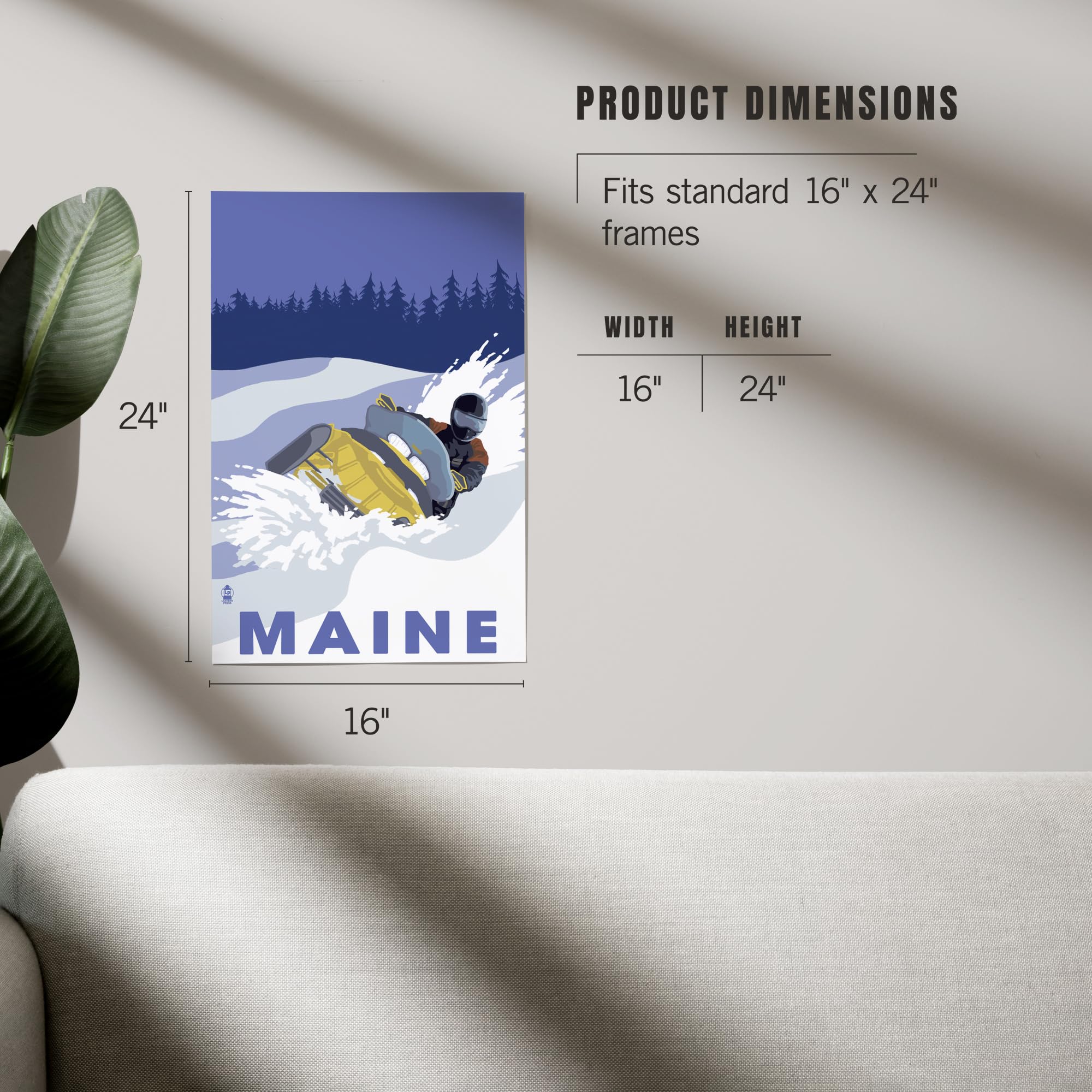 Lantern Press 16x24 Inch Giclee Print - Maine Snowmobile Winter Landscape Wall Art - Perfect for Home Decor, Office & Cabin Wall Decorations