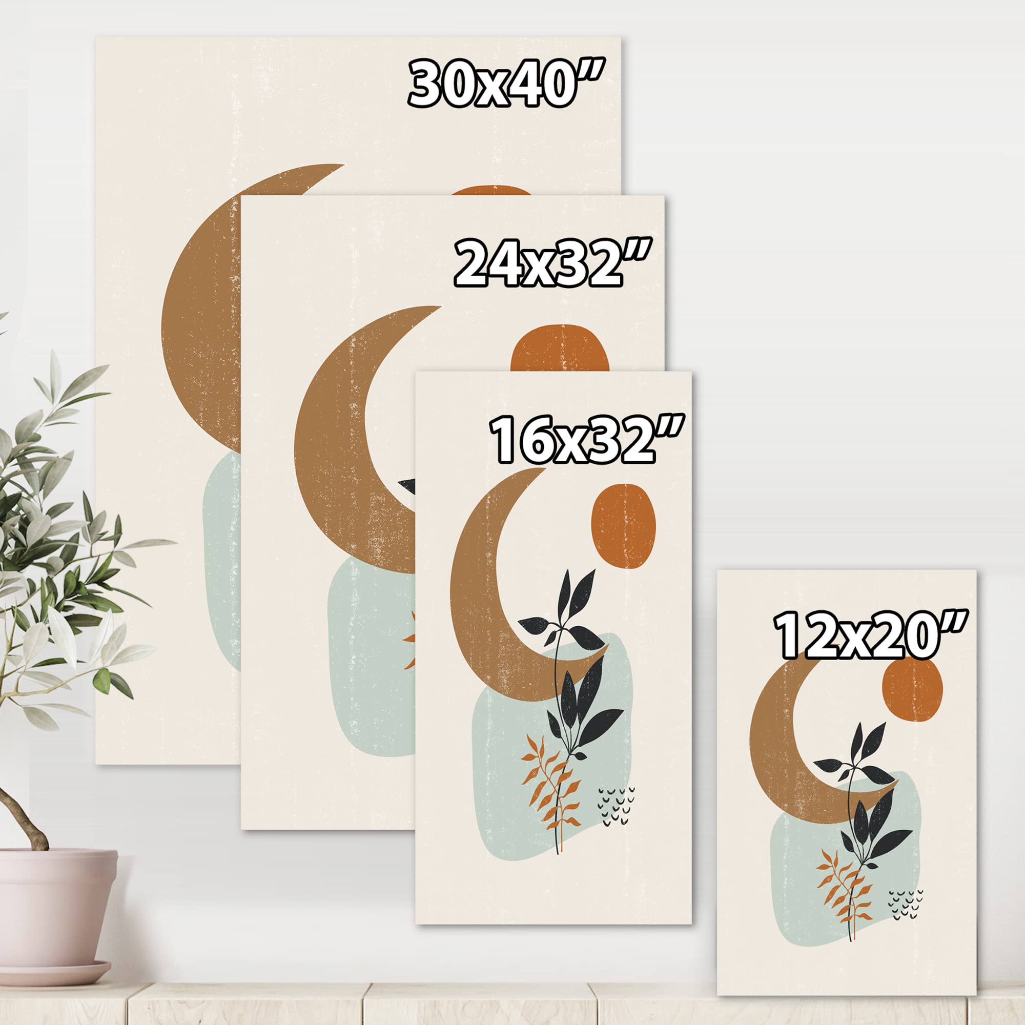 Abstract Sun & Moon with Minimal Plants Modern Canvas Wall Art - Contemporary Home Decor for Living Room, Bedroom & Office