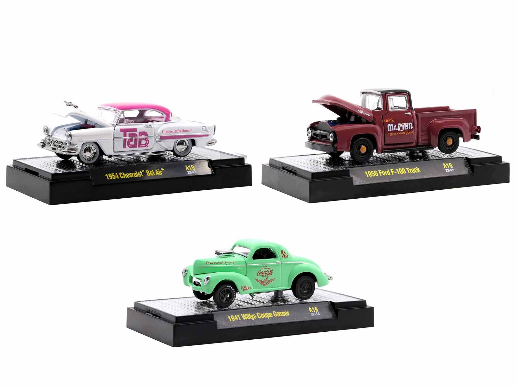 M2 Machines 1/64 Diecast Model Cars - Limited Edition Release 19 (Only 8750 Made Worldwide) - 3-Piece Soda-Themed Collectible Set - Perfect for Display, Gifts & Car Enthusiast Collections
