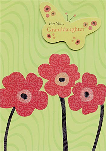 Designer Greetings 3 Red Flowers & Green Butterfly Die-Cut Birthday Card for Granddaughter - Perfect for Special Occasions, Grandparents Day & Family Celebrations
