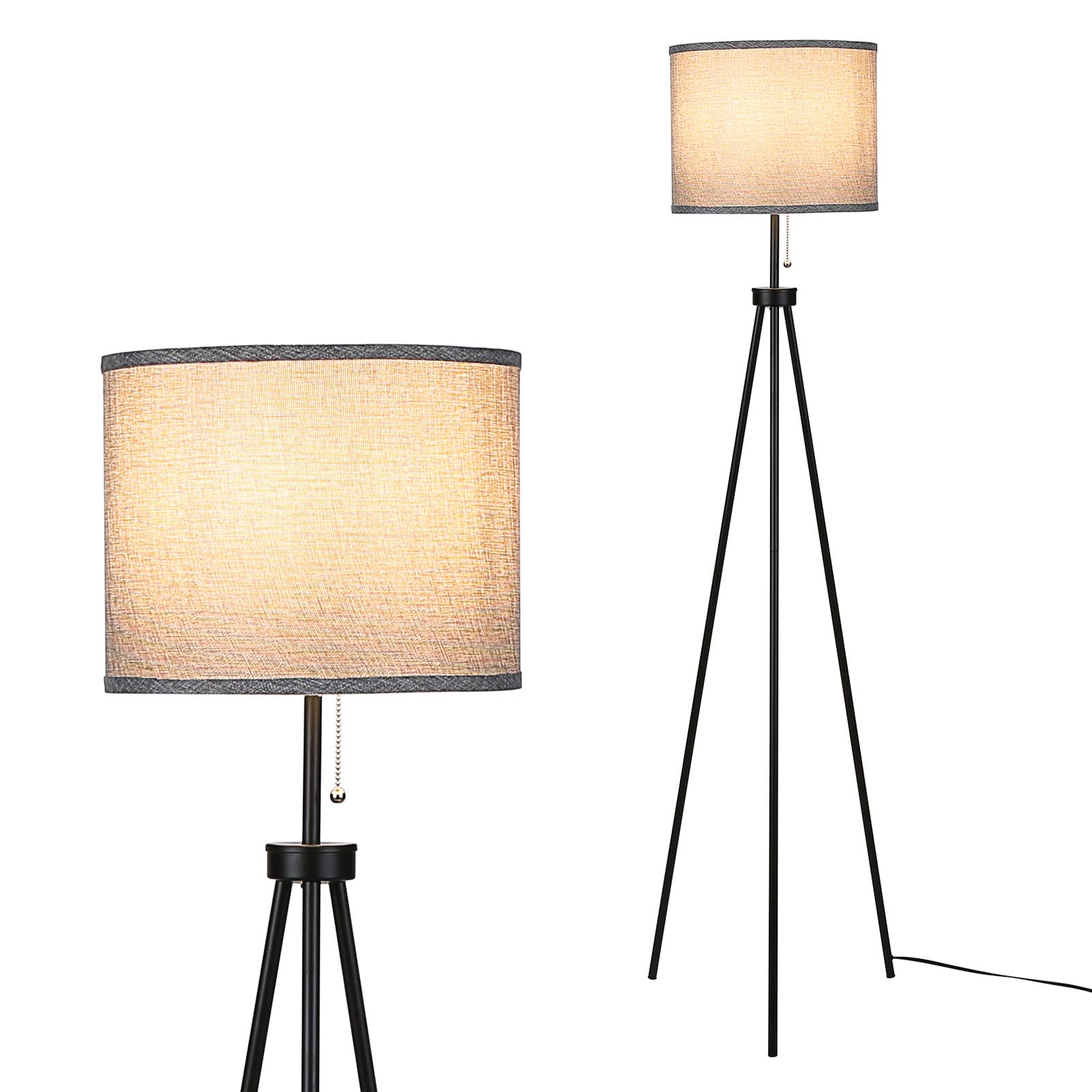 Tomshine LED Tripod Floor Lamp with Grey Cylinder Shade - Adjustable Standing Tall Lamp with Pull Chain Switch for Living Room, Bedroom, Office & Studio - Perfect for Reading, Working & Relaxing