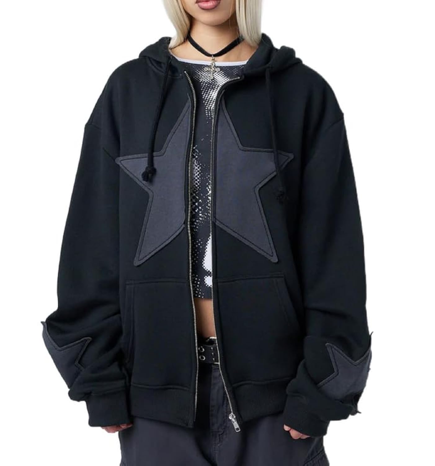 Y2K Women's Zip Up Hoodie with Star Print - Oversized Graphic Sweatshirt | Fairy Grunge Aesthetic Hooded Jacket | Harajuku Streetwear for Casual Outfits, Music Festivals & Retro Fashion