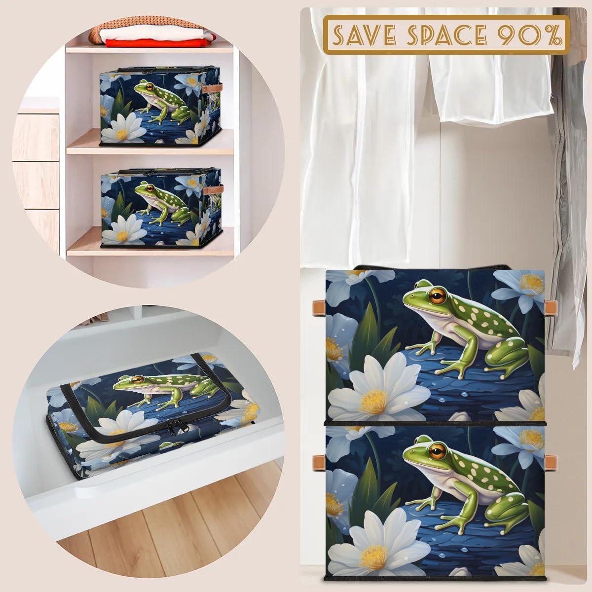 Frog White Flower Storage Bins with Zipper Lid - 2 Pack Stackable Storage Baskets with Metal Frame & PU Handles - Closet Organizer Cube for Clothes, Toys, or Blankets - Perfect for Bedroom, Nursery, or Dorm Organization