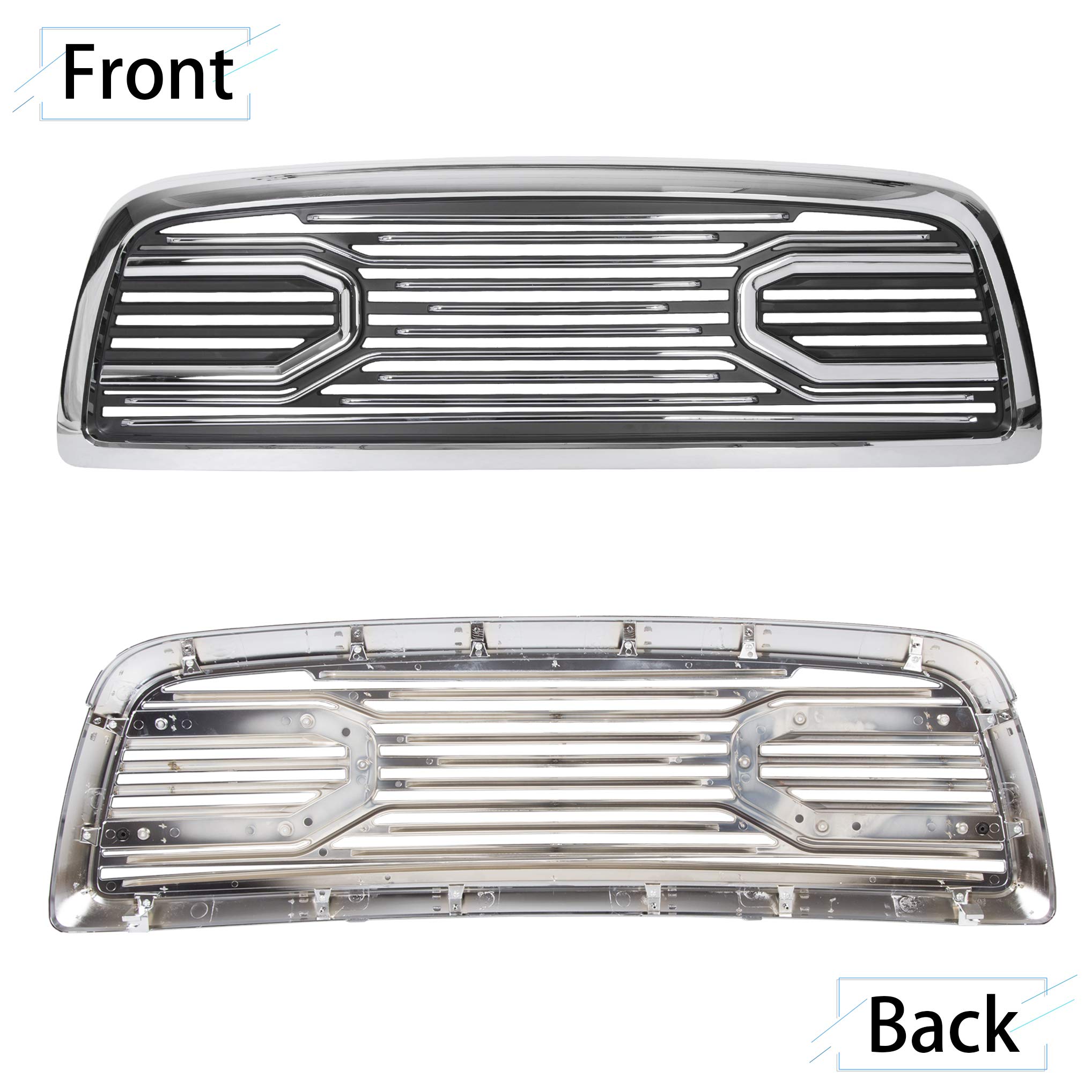 ECOTRIC Chrome Front Bumper Grill Replacement for 2009-2012 Dodge Ram 1500 | Hood Grille Shell Without Lights | Perfect for Off-Roading & Truck Customization