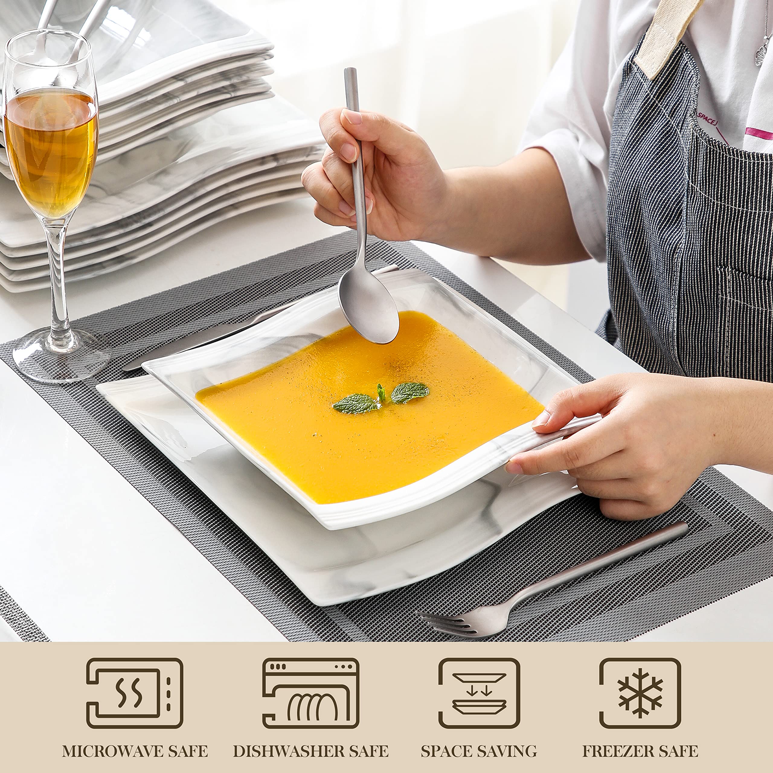 MALACASA 12-Piece Porcelain Dinnerware Set for 6 - Square Marble Plates & Bowls, Modern Dining Ware Collection (Flora Series) - Perfect for Family Dinners, Restaurants, and Stylish Home Entertaining