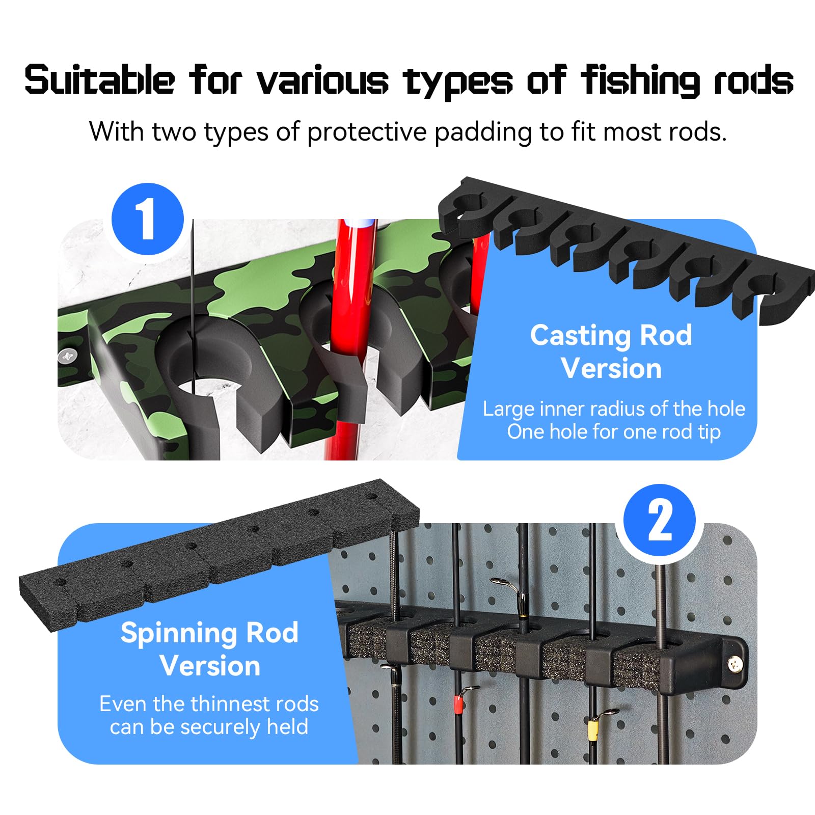 Vertical Wall-Mounted Fishing Rod Holder Rack - Organize 6 Rods & Combos in Garage - Universal Fit for Most Fishing Pole Diameters - Space-Saving Black Storage Solution (1 Pair) - Perfect for Anglers, Boat Storage & Home Organization
