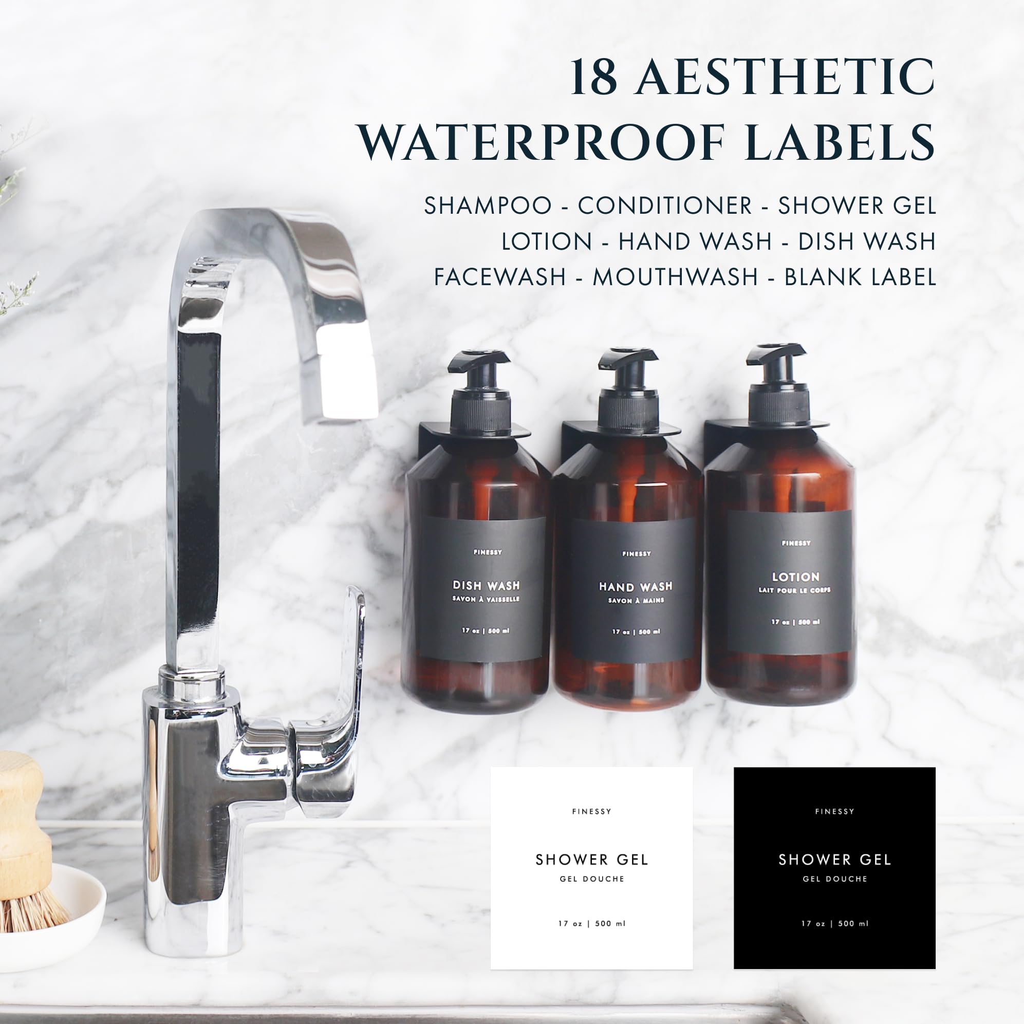 Refillable 3-Chamber Shampoo, Conditioner & Body Wash Dispenser with Pump - No Drill Wall Mount for Bathroom & Shower - Labeled Containers for Easy Refilling - Perfect for Spa, Gym & Home Use