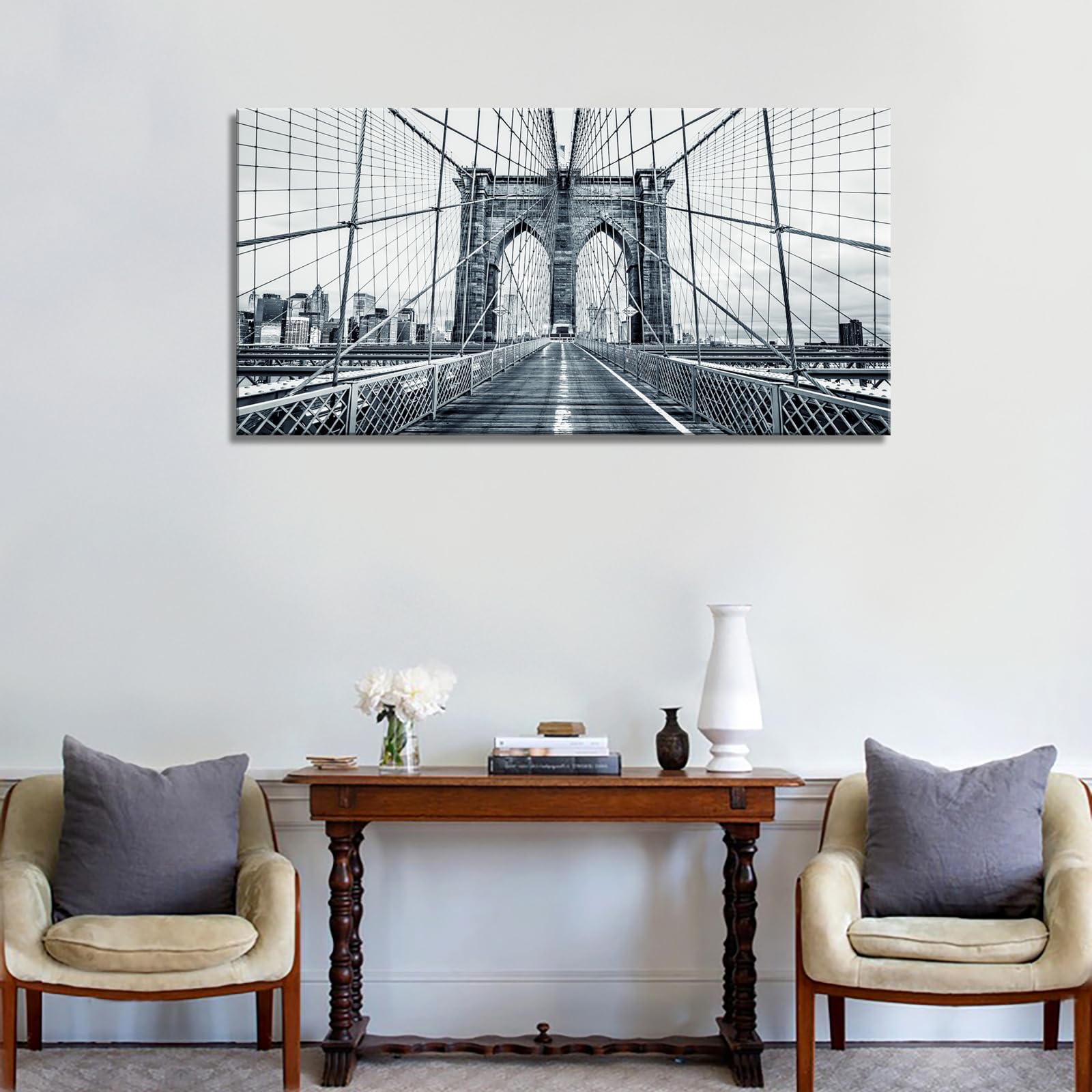 Black and White New York City Brooklyn Bridge Wall Art - Stretched & Framed Canvas Painting for Living Room, Office & Home Decor | DZL Art Q70775 | Perfect for Urban Style Interiors & Gift Giving
