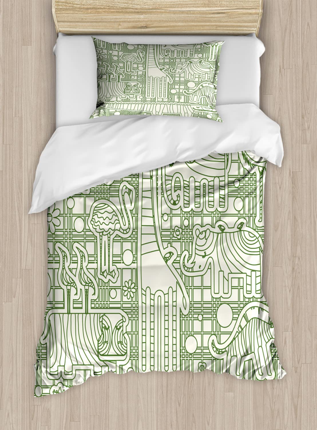 Ambesonne Ostrich Duvet Cover Set - Twin Size 2-Piece Bedding Set with Fractal Animal Print (Hippo, Cheetah, Pelican, Giraffe) - Fern Green & Cream - Soft & Breathable for Kids Room, Guest Bedroom, or Dorm Decor