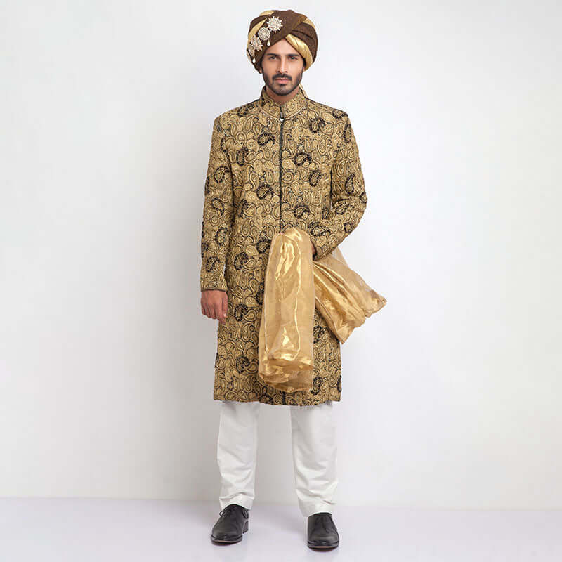 Luxury Black & Gold Pure Jamavar Silk Sherwani for Men | Handcrafted Indian Wedding Attire | Perfect for Groom Outfits, Festive Occasions & Cultural Celebrations