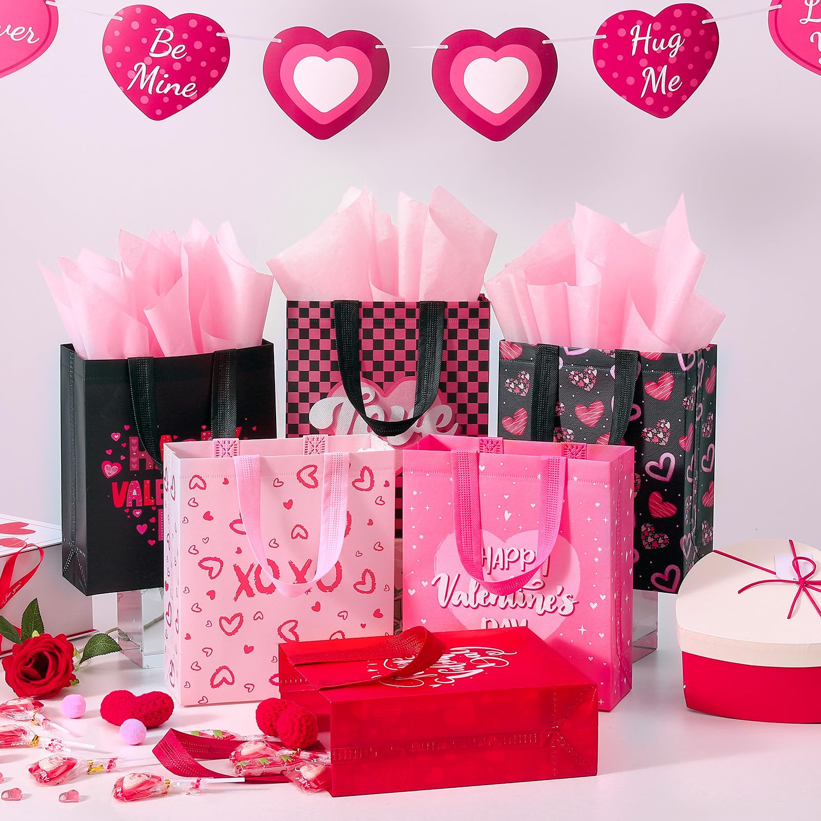 12 Pack Valentine's Day Gift Bags with Tissue Paper - Reusable Heart Print Party Favor Bags with Handles for Classroom Exchange, Kids Party Favors & Gift Wrapping - Perfect for Valentine's Parties, School Events & Romantic Gift Giving