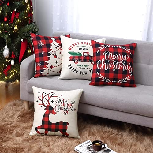 GARVEE 4-Piece Christmas Pillow Covers Set - 18x18 Inch Holiday Decor with Tree, Deer & Truck Designs - Merry Christmas Square Cushion Cases for Sofa, Bed & Home Decor