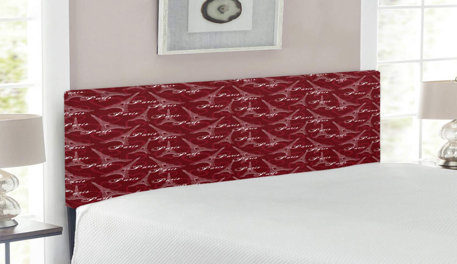 Ambesonne Romantic Eiffel Tower Headboard - Queen Size Upholstered Metal Bed Frame with Memory Foam, Maroon White Tan | Valentine's Day Parisian Decor for Bedroom, Perfect for Couples & Love-Themed Home Decor