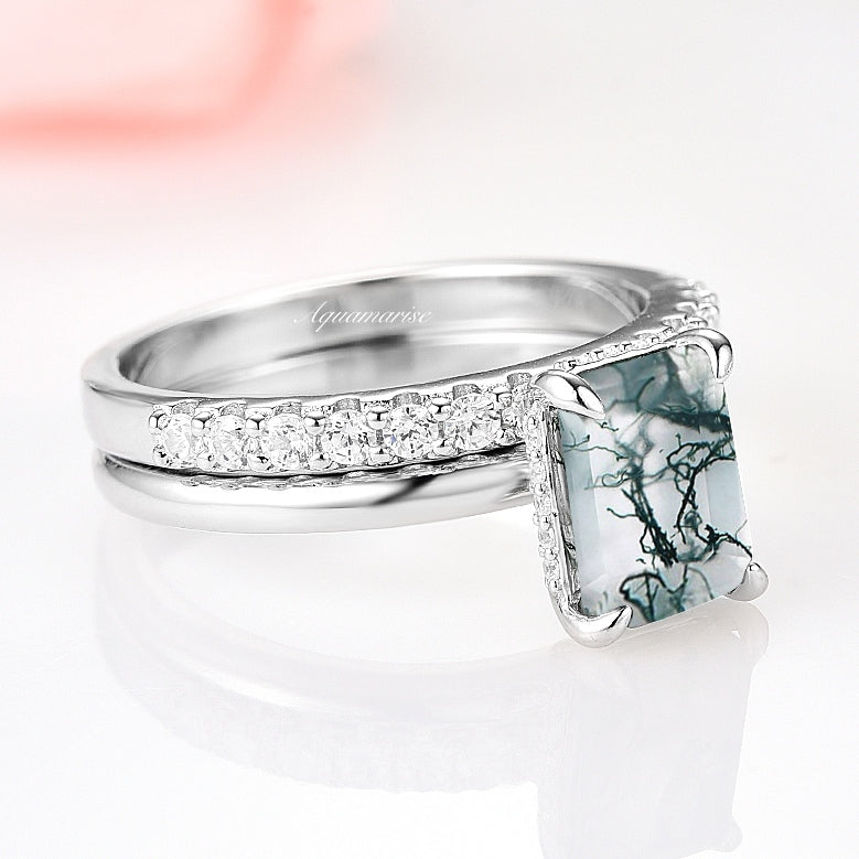 Hidden Halo Moss Agate Engagement Ring Set in Sterling Silver - Elegant Wedding Band & Promise Ring for Her, Perfect for Proposals, Anniversaries & Special Occasions