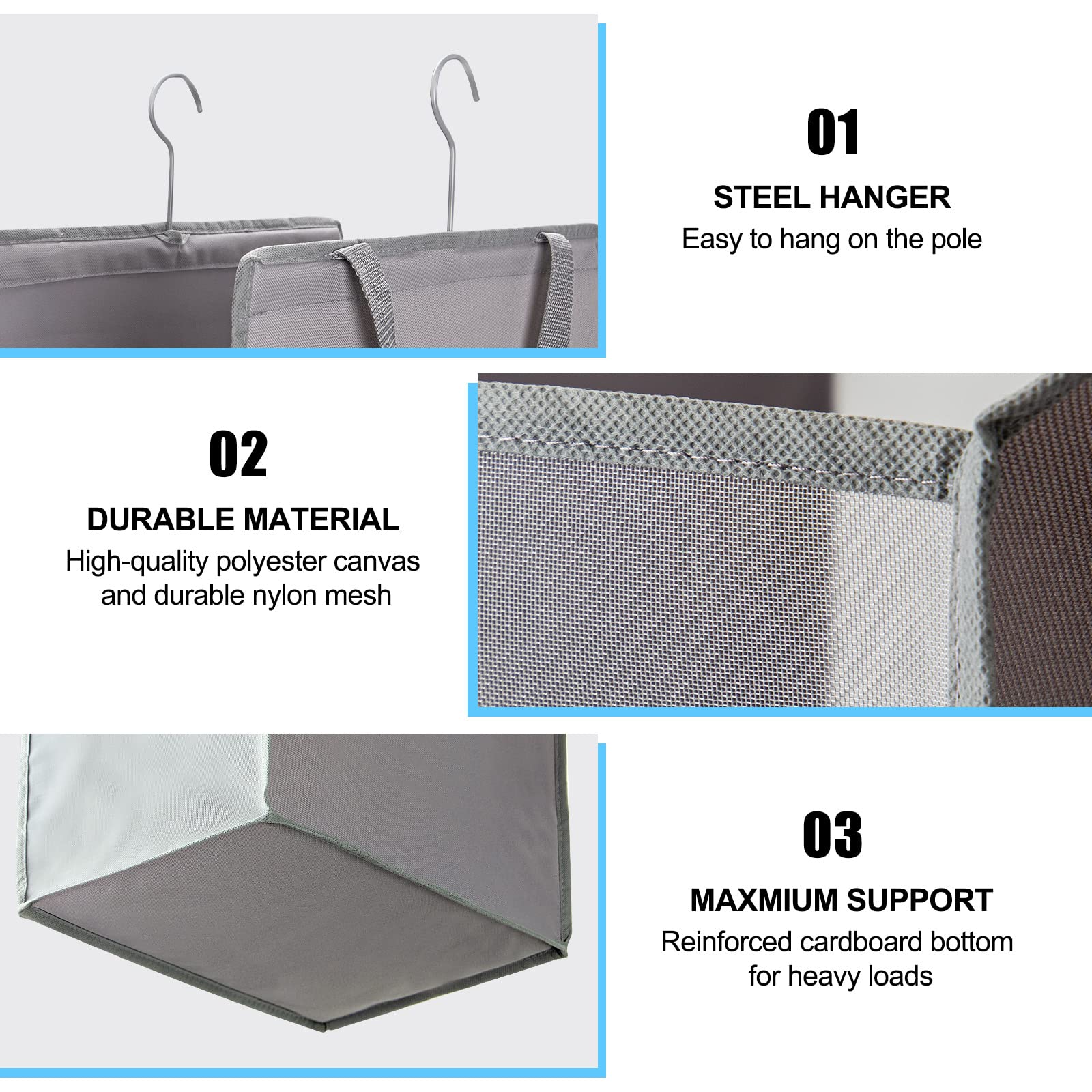 Fentec Hanging Laundry Hamper & Basket - 2 Pack Grey Mesh Heavy Duty Storage Bag with Handles for Closet, Dorm, Travel & Camping - Portable Slim Space Saving Solution