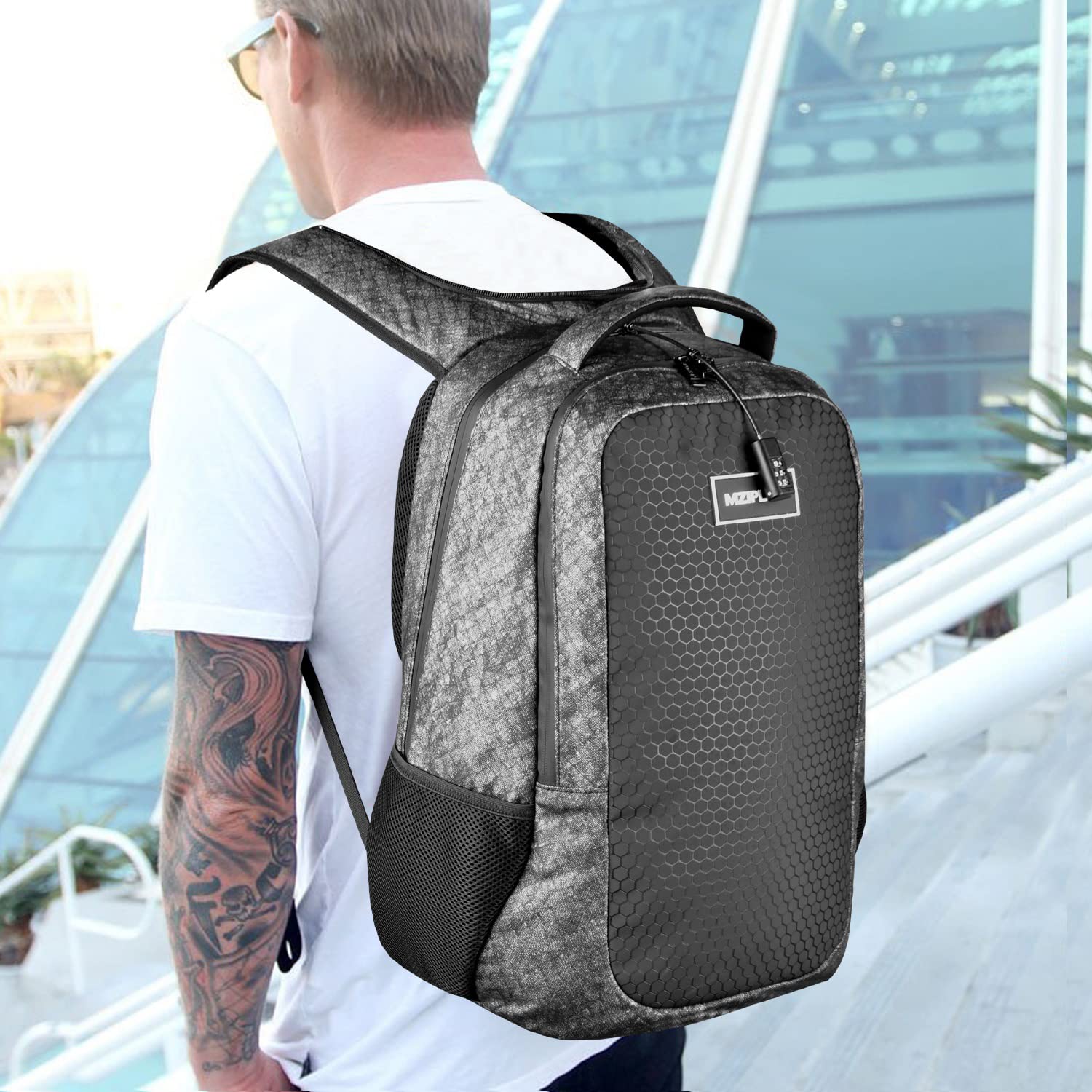 Anti-Theft Travel Backpack with Combination Lock & Hoodie - Large Laptop Business Daypack for Men & Women - Durable College Backpack for Commuting & Outdoor Adventures (Camo Grey)