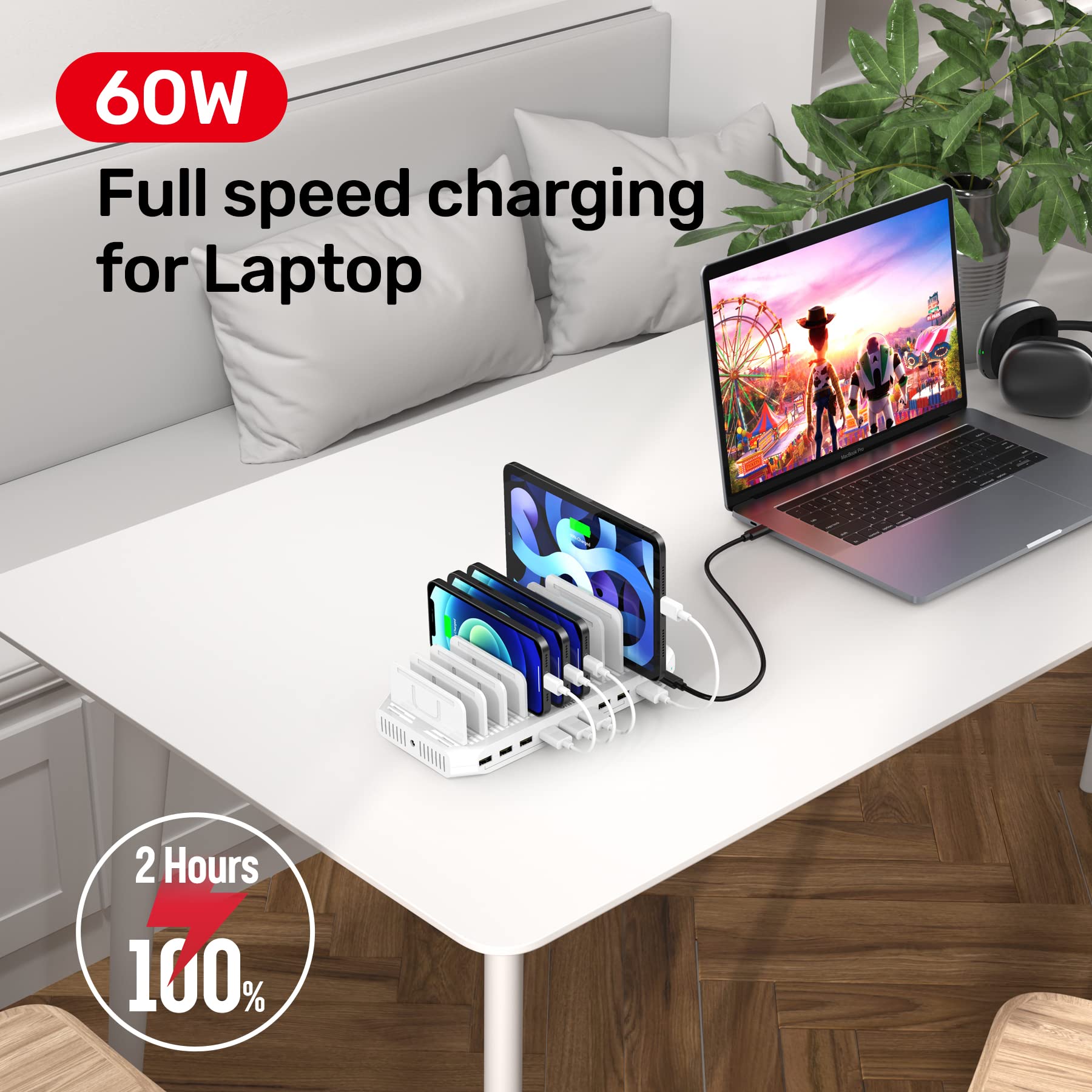 60W USB C PD & QC 3.0 Fast Charging Station - 10-Port 160W USB Charger Dock for MacBook, Laptop, Pixel - Power Delivery Hub with Upgraded Dividers | Perfect for Office, Travel & Home Charging Needs
