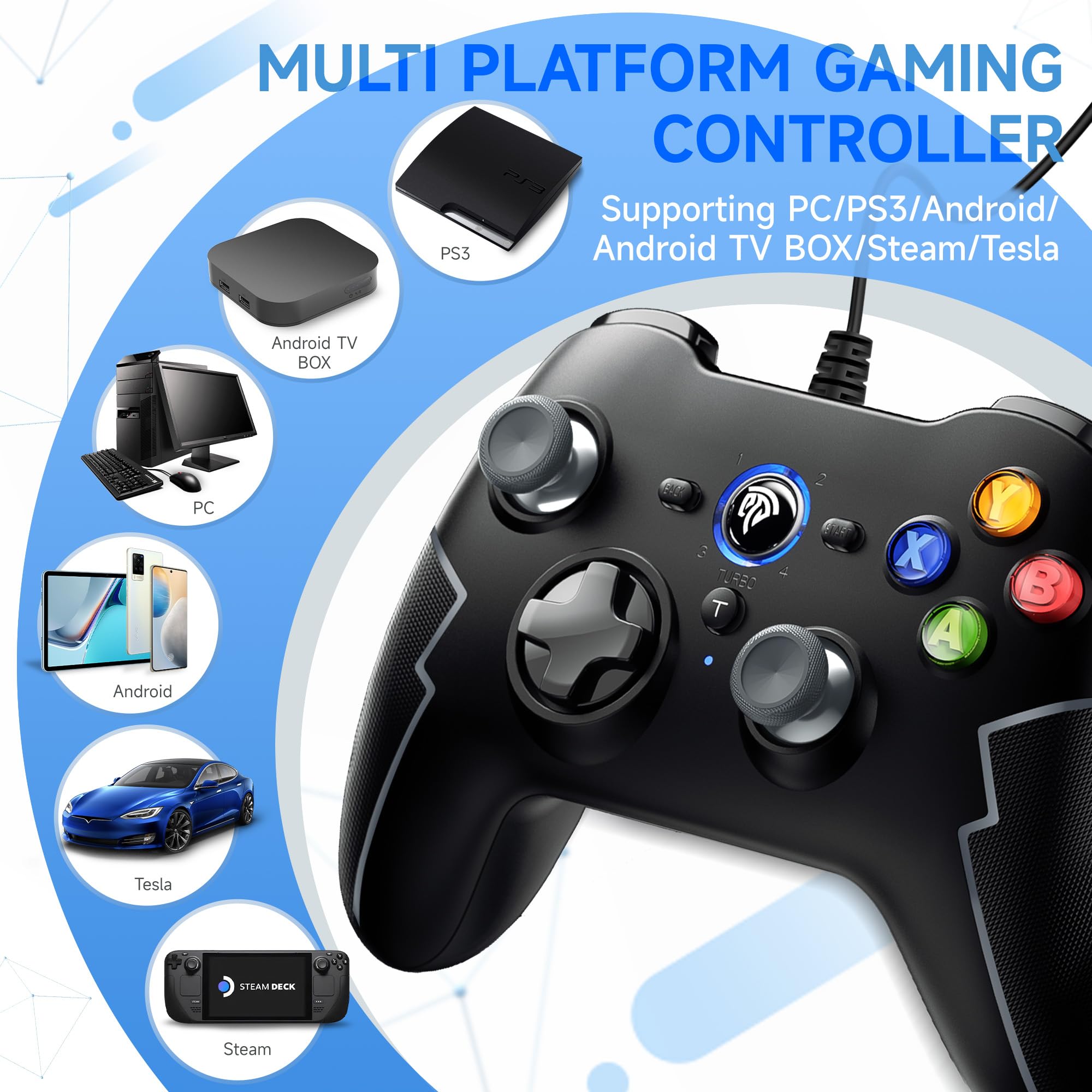 EasySMX Wired PC PS3 Controller with Hall Linear Triggers & Dual Vibration - Compatible with Windows, PS3, Android TV & TV Box - White - Perfect for Gaming, Streaming & Retro Emulation