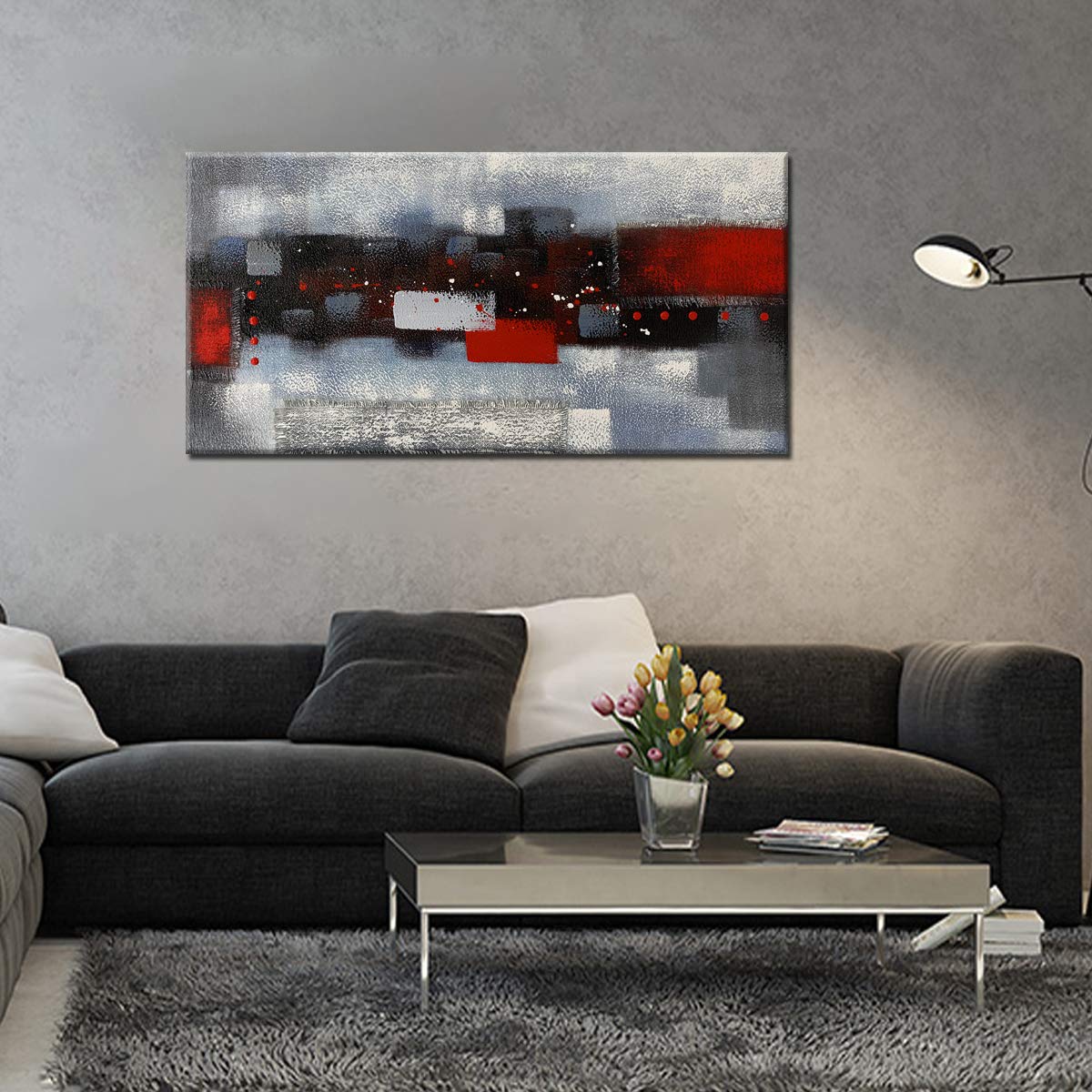 Large Abstract Red Gray Linen Wall Art - Hand Painted Textured Oil Painting on Canvas - Framed Ready to Hang 60x30 Inches - Perfect for Living Room, Bedroom & Office Decor