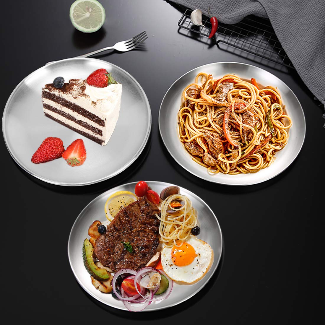 Premium 304 Stainless Steel Plates - 10 Inch Set of 4, Heavy Duty Serving Trays for Pizza, Steak, BBQ & Party Buffet - Dishwasher Safe & Rustproof for Restaurant, Catering & Home Kitchen Use
