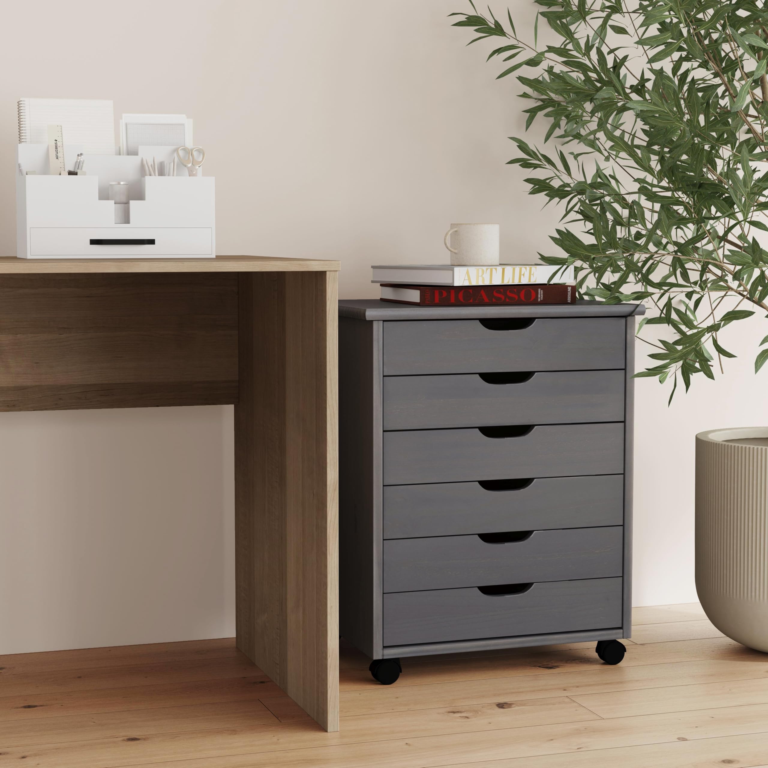 Linon Corinne 6-Drawer Wide Rolling Storage Cart with Wheels, Grey - Perfect for Bedroom, Bathroom, Office & Kitchen Organization