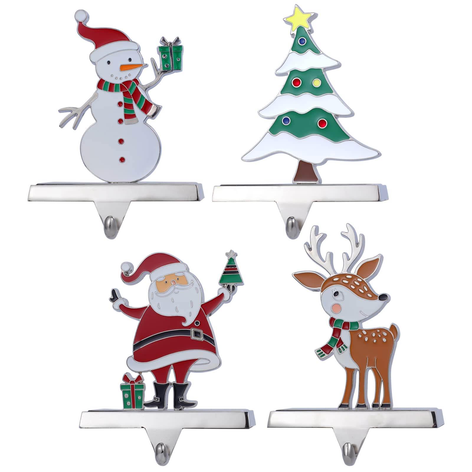 Premium Metal Christmas Stocking Holders - Set of 4 Silver Stocking Hangers for Fireplace Mantel Decor | Holiday Home Decoration & Gift Hanging