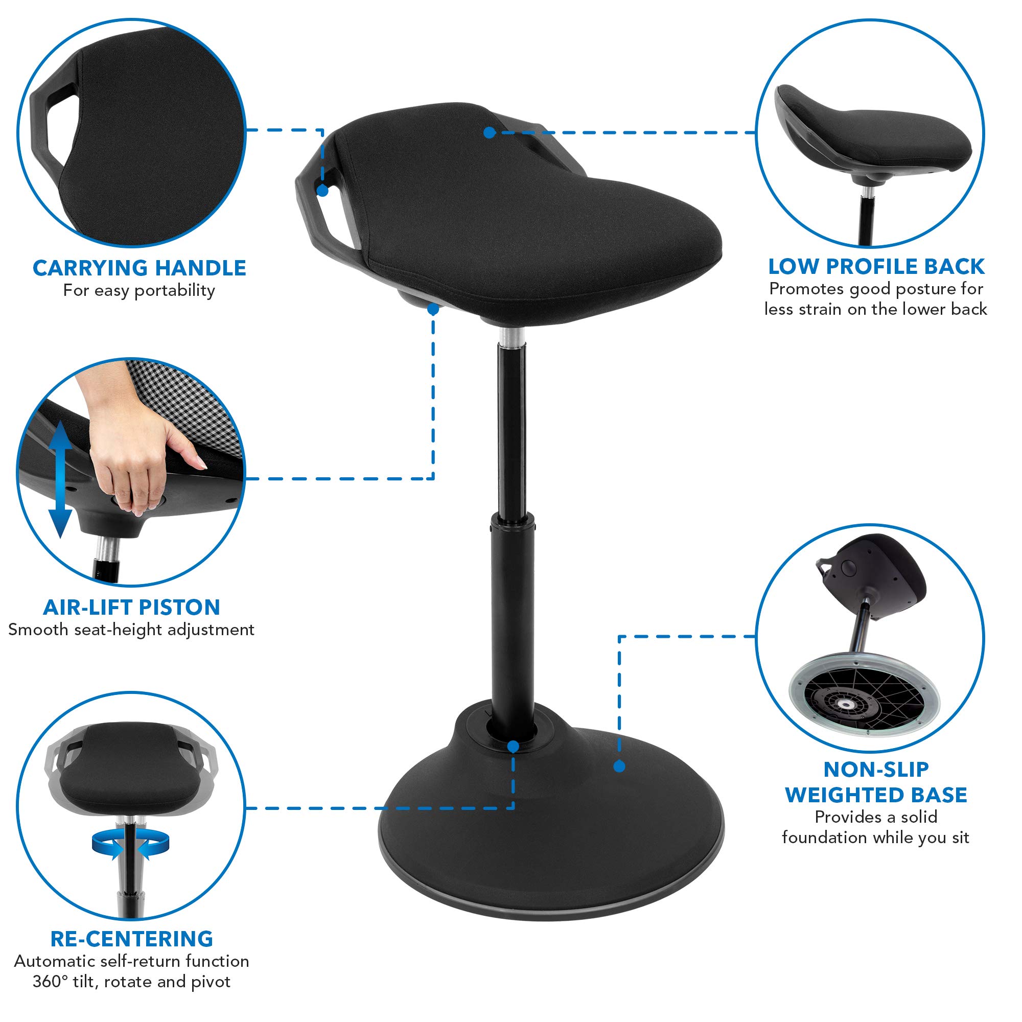 Mount-It! Ergonomic Sit Stand Stool with 360° Tilt - Adjustable Height Leaning Chair for Standing Desks, Airlift 360° Sit-Stand Balance Chair with Non-Slip Weighted Base (Black) - Perfect for Office, Home & Gaming Workstations