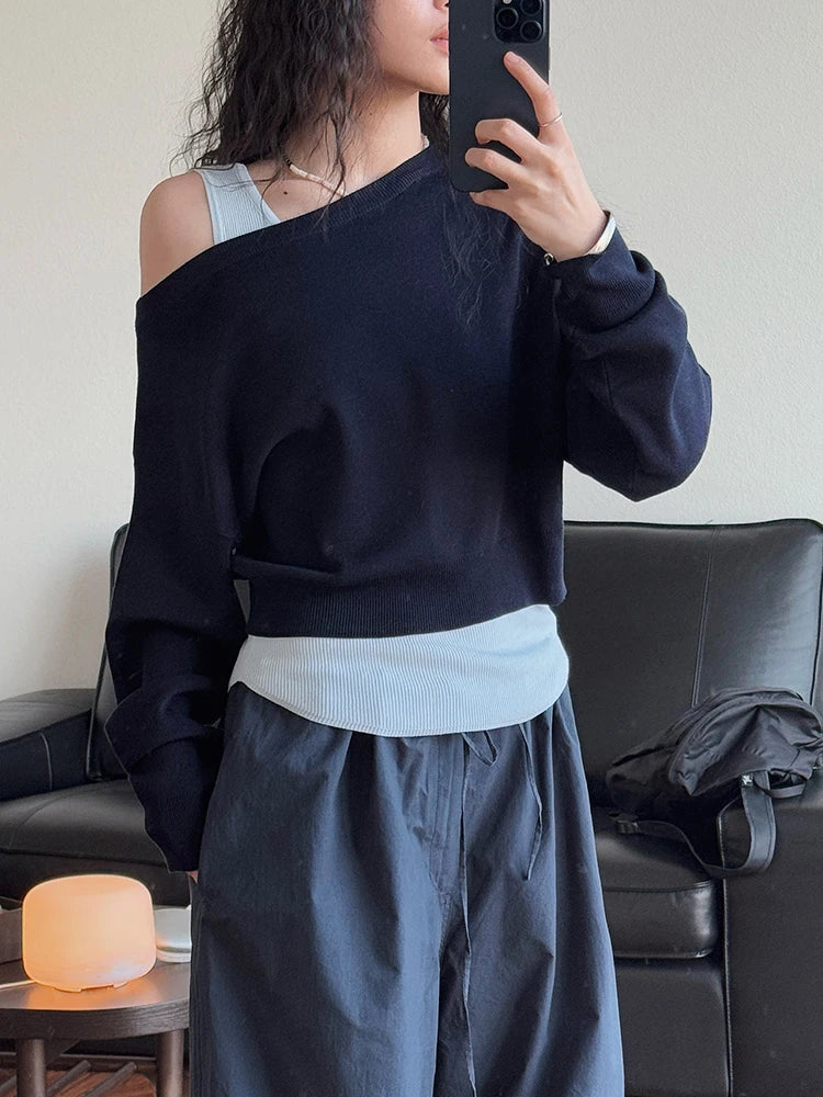 Black Block Knit Sweater for Women - Irregular Neck Long Sleeve Pullover | Fashionable 2025 Autumn Winter Trendy Top | Perfect for Casual Outings, Office Wear & Date Nights