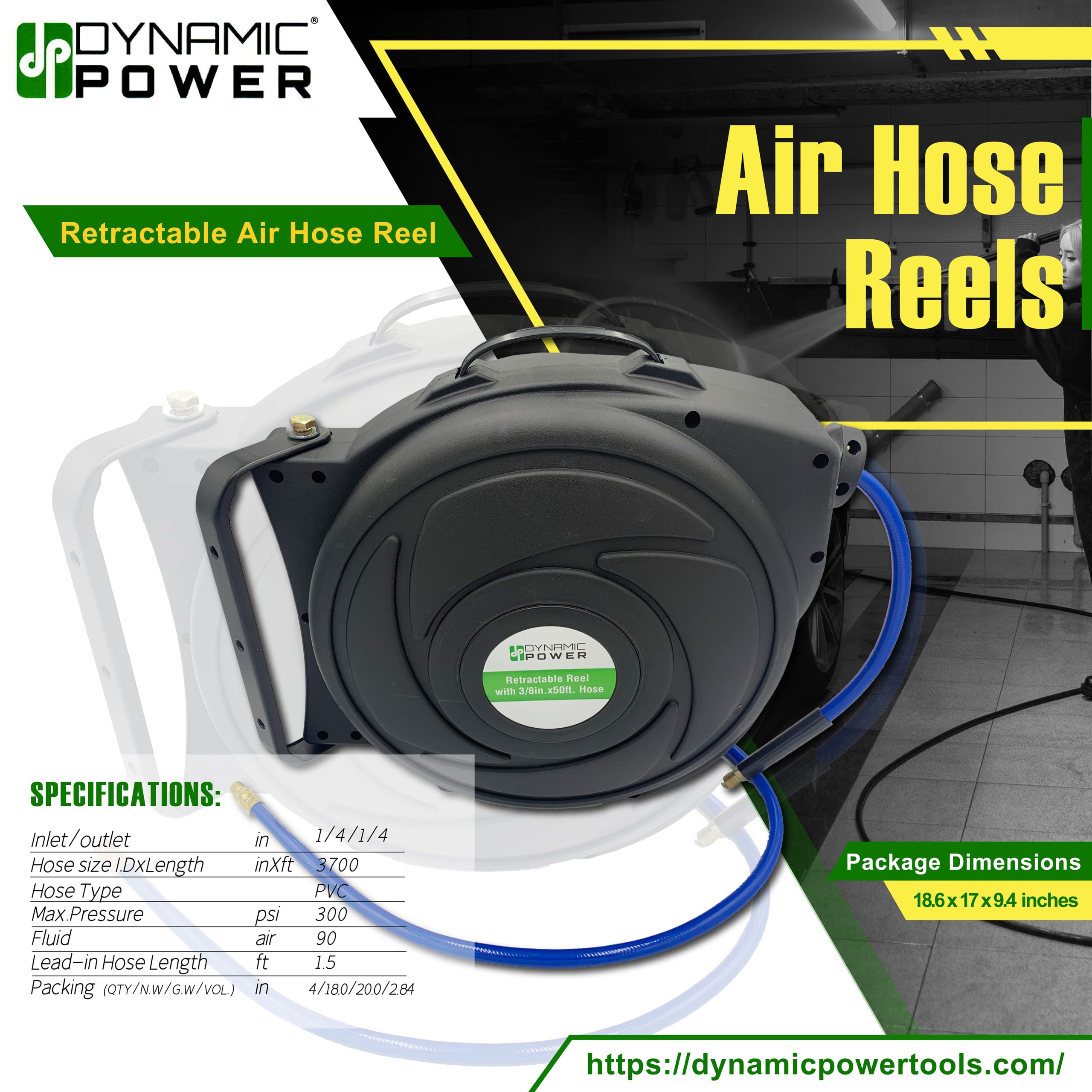 DYNAMIC POWER Elite Retractable Air Hose Reel with 3/8-Inch x 50-Ft Heavy-Duty PU Air Hose - Abrasion, Oil & Weather Resistant - Ideal for Garages, Workshops & Industrial Use - DP-HR5-315