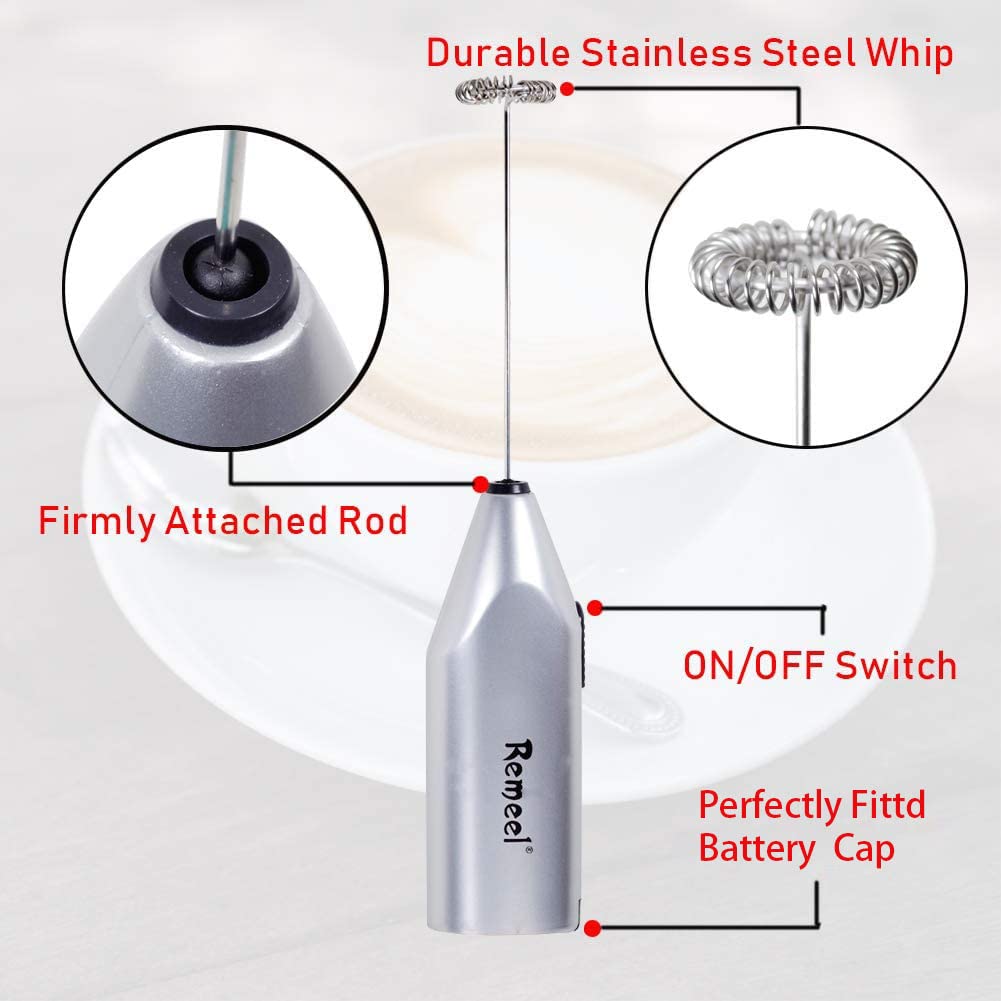Premium Handheld Milk Frother with Stainless Steel Whisk - Powerful Portable Electric Foam Maker for Coffee, Latte, Cappuccino & Hot Chocolate - Perfect for Home, Office & Cafe Use (Silver)
