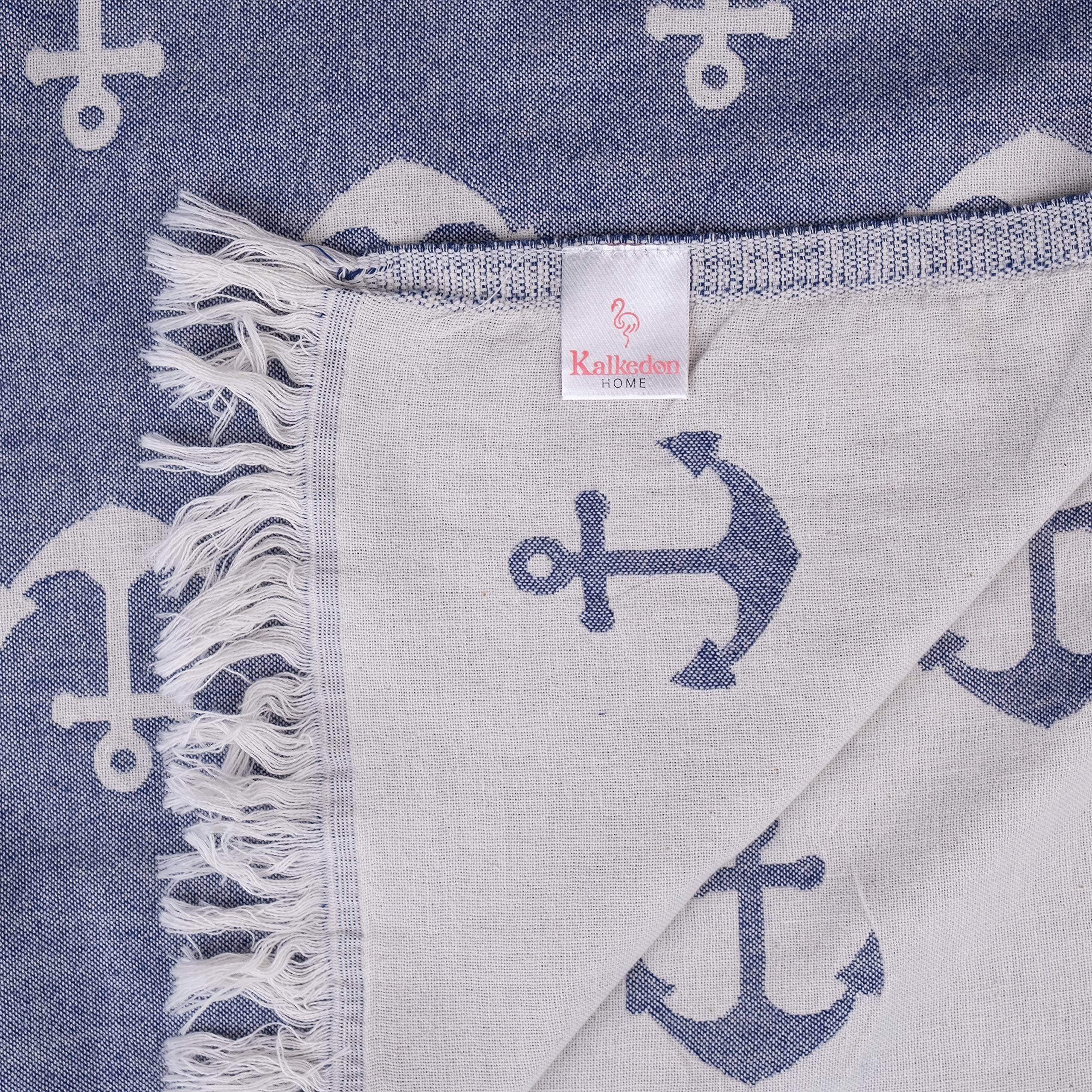 Double Sided Anchor Sand Free Beach Towel - Premium Organic Turkish Cotton Sarong & Peshtemal for Beach, Pool, Bath & Travel - Soft Quick Dry Blanket in White & Blue