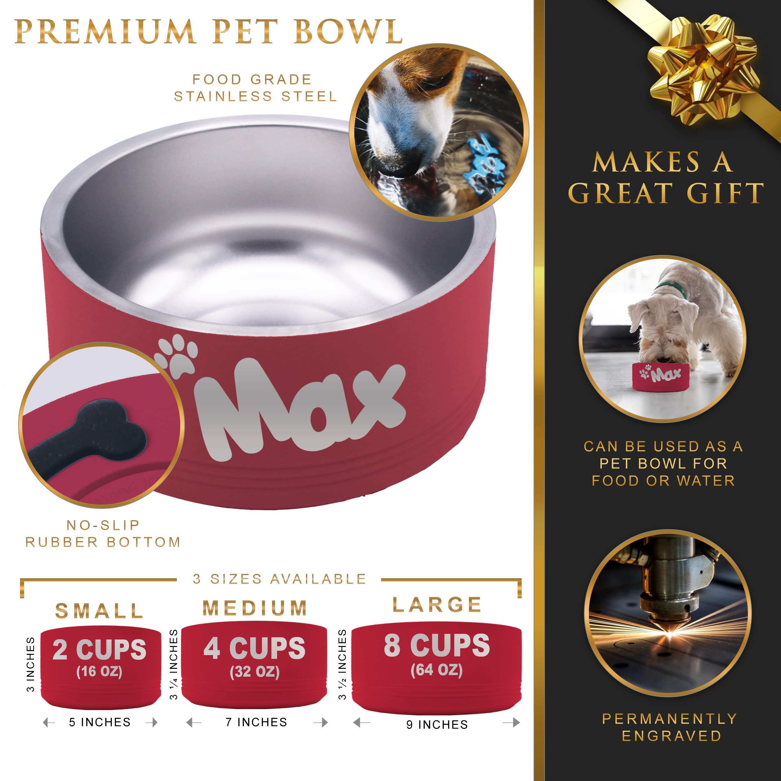 Personalized Stainless Steel Pet Bowl - Custom Engraved Dog or Cat Food & Water Dish with Non-Slip Base (64oz, Red) - Perfect for Home, Travel & Outdoor Use