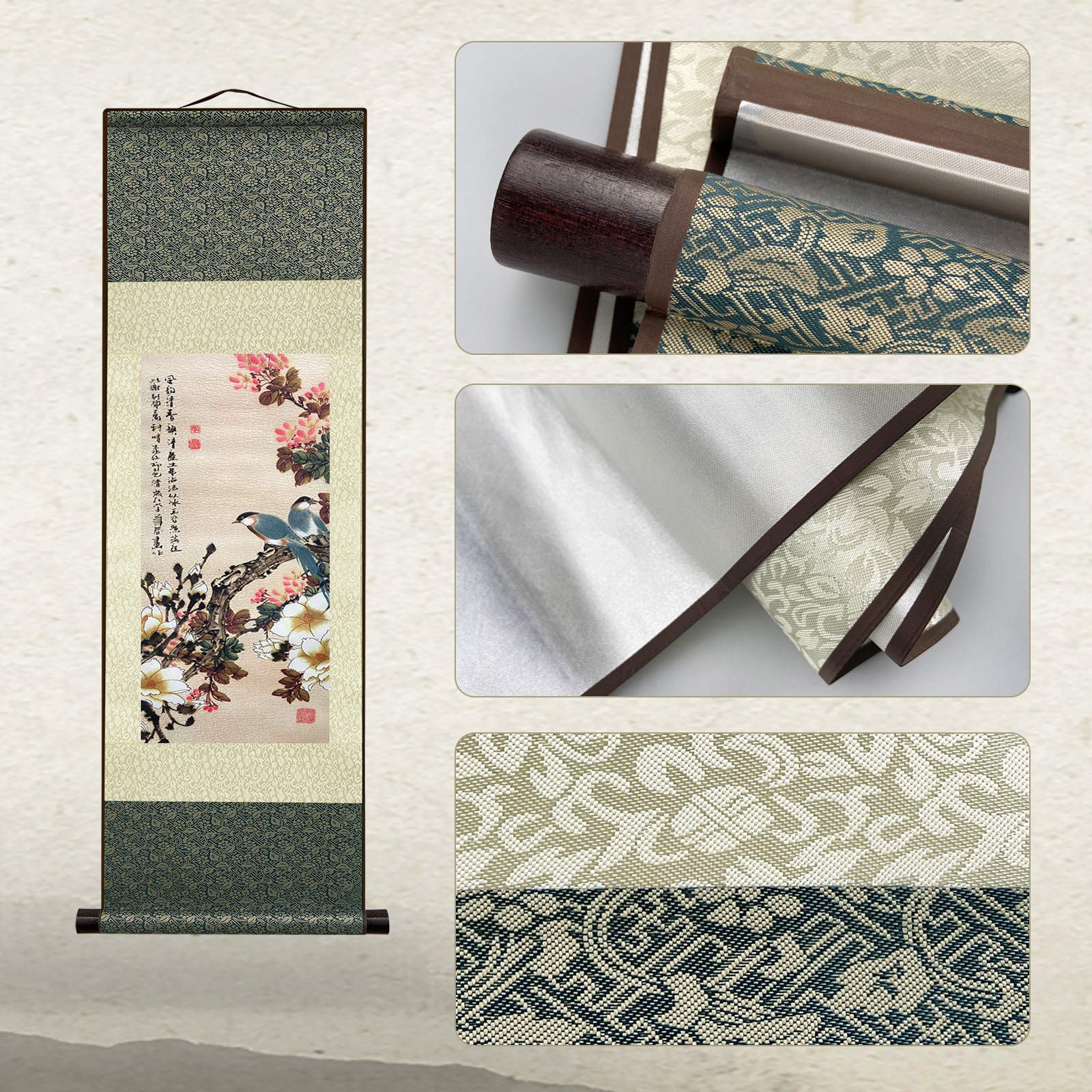 ATFArt Asian Wall Decor - Exquisite Silk Scroll Painting of Flowers and Birds, Oriental Chinese Art Wall Hanging (36.2 x 12 Inch) - Perfect for Living Room, Bedroom, Office & Meditation Space Decor