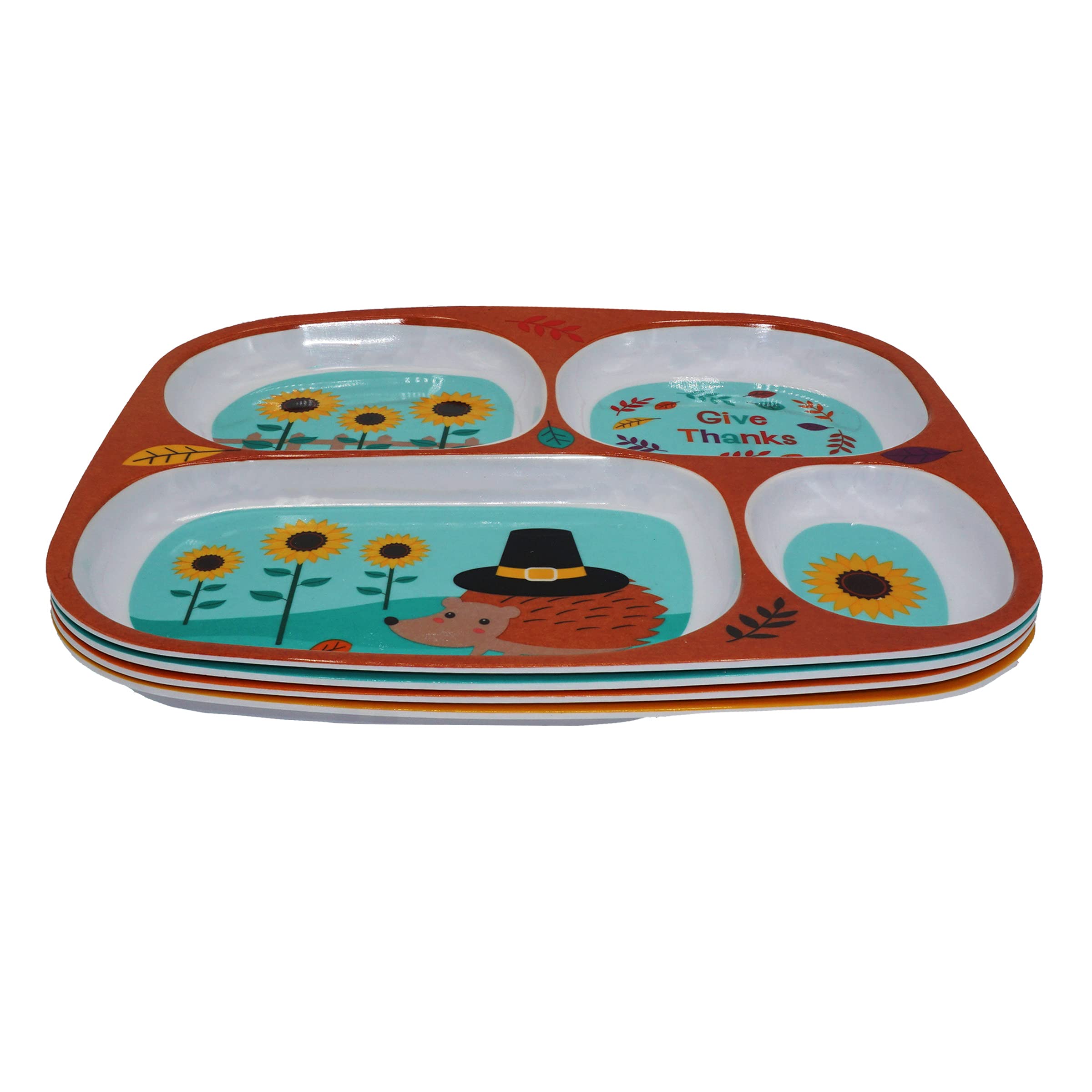 4E's Novelty Fall Thanksgiving Dinnerware Set of 4 - BPA Free Melamine Divided Plates for Kids, Toddler & Halloween Dishes | Top Rack Dishwasher Safe | Perfect for Holiday Parties, Family Gatherings & Kids' Meals