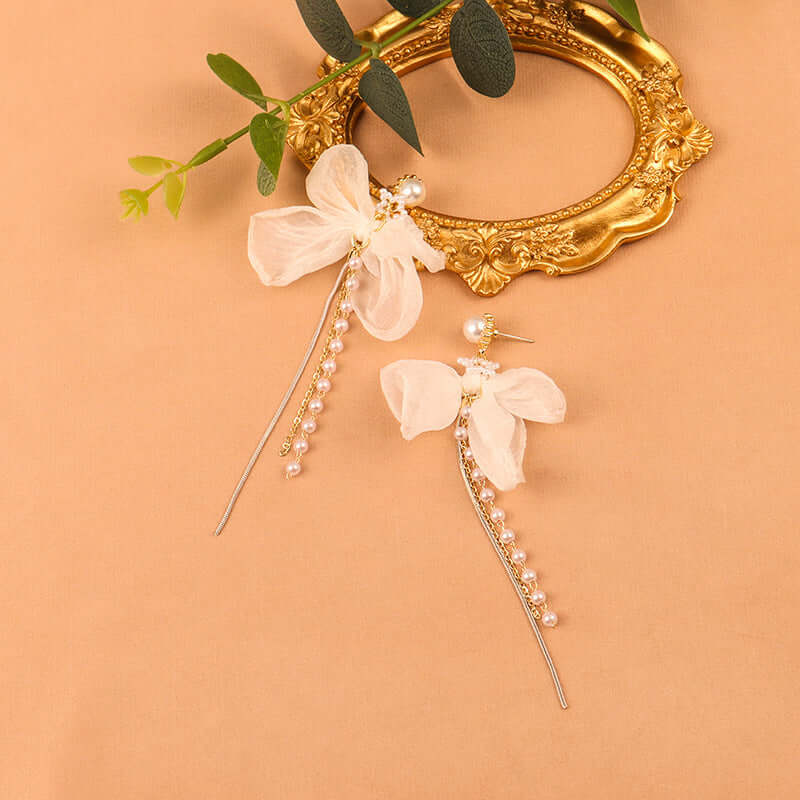 Elegant Chiffon Pearl Bow Drop Earrings for Women - Long Chain Dangle Earrings with Pearl Accents | Perfect for Weddings, Parties & Special Occasions