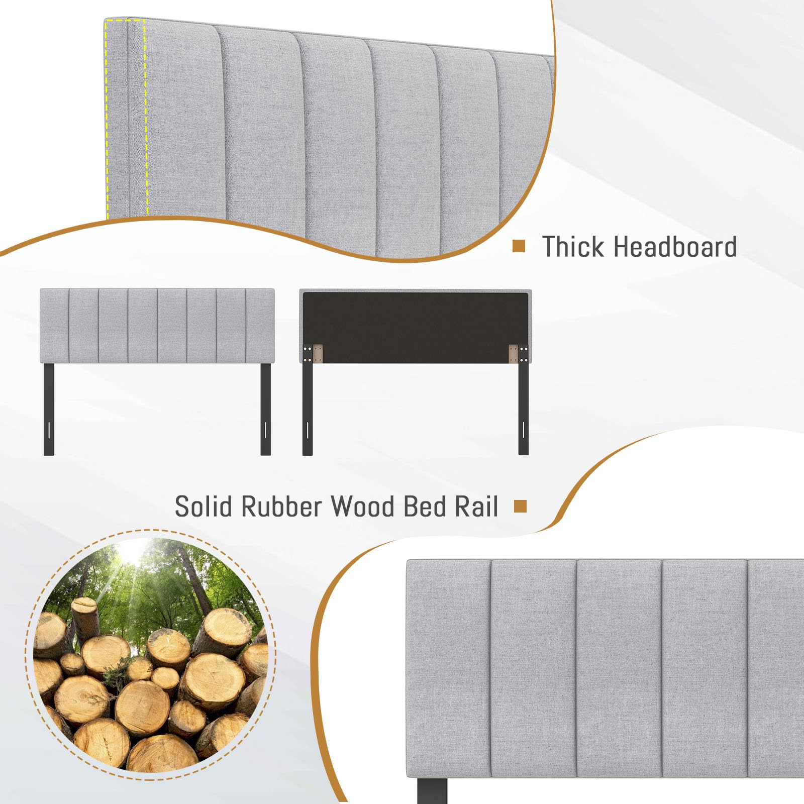 KOMFOTT Linen Upholstered Headboard for Full & Queen Size Bed - Vertical Channel Tufted Rectangular Bed Headboard with Solid Wood Legs, Adjustable Width, Padded Backboard, Easy Assembly (Gray) - Perfect for Bedroom Decor, Guest Room, and Master Suite Upgrade