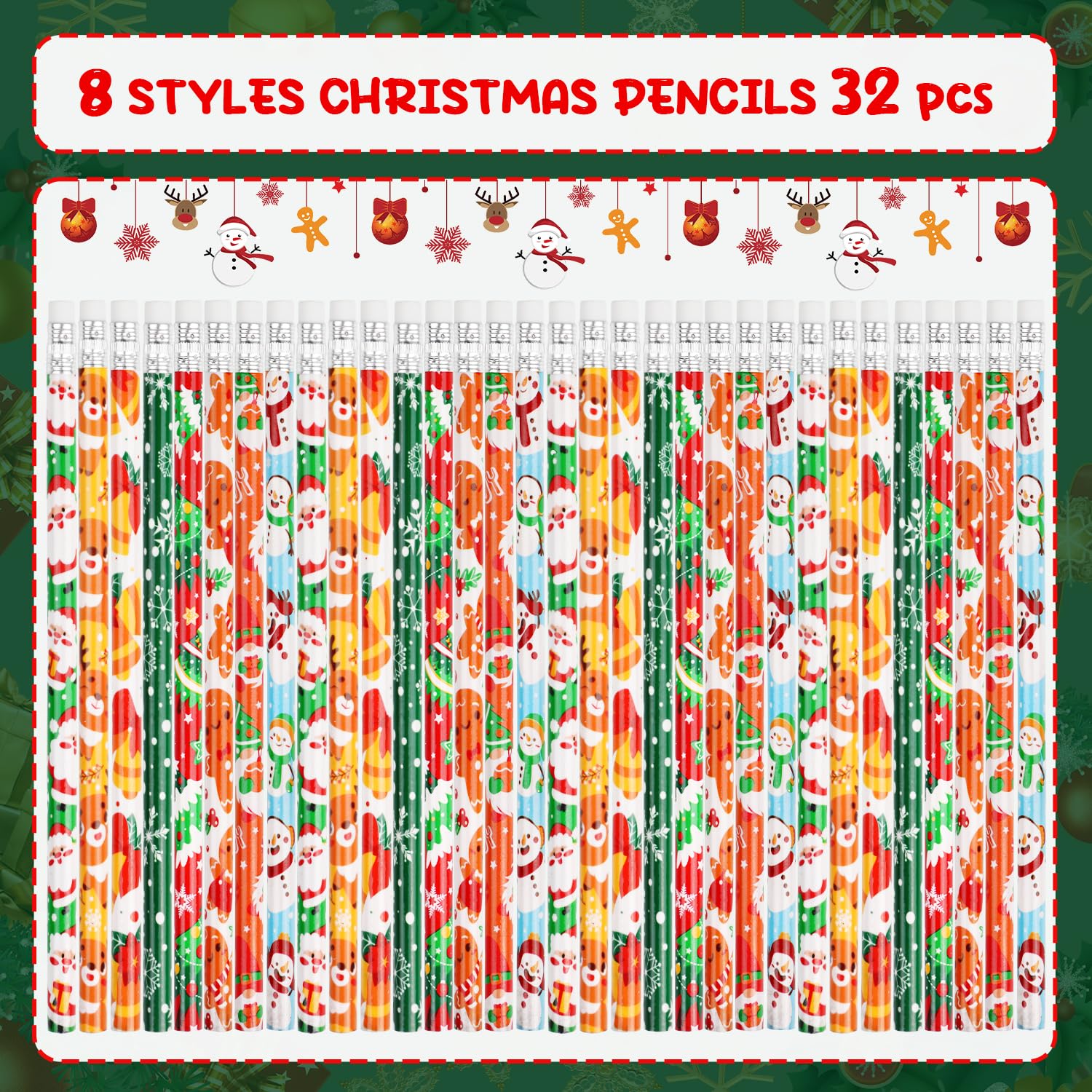 32pcs Christmas Pencils with Eraser - Santa Claus, Elk, Tree & Snowflake Designs for Kids Holiday Party Supplies (8 Styles) | Perfect for Classroom Gifts, Stocking Stuffers & Christmas Crafts