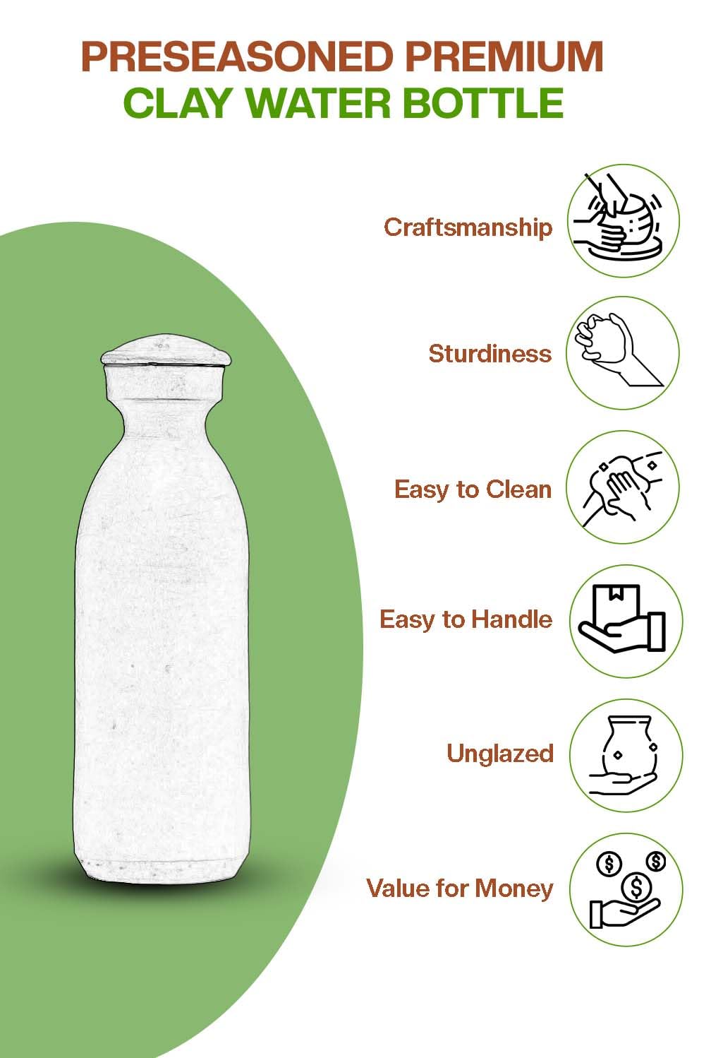 Handmade Unglazed Terracotta Water Bottle with Cork - 33oz Natural Clay Water Jug | Preseasoned Mud Bottle for Outdoor Camping, Yoga & Home Decor