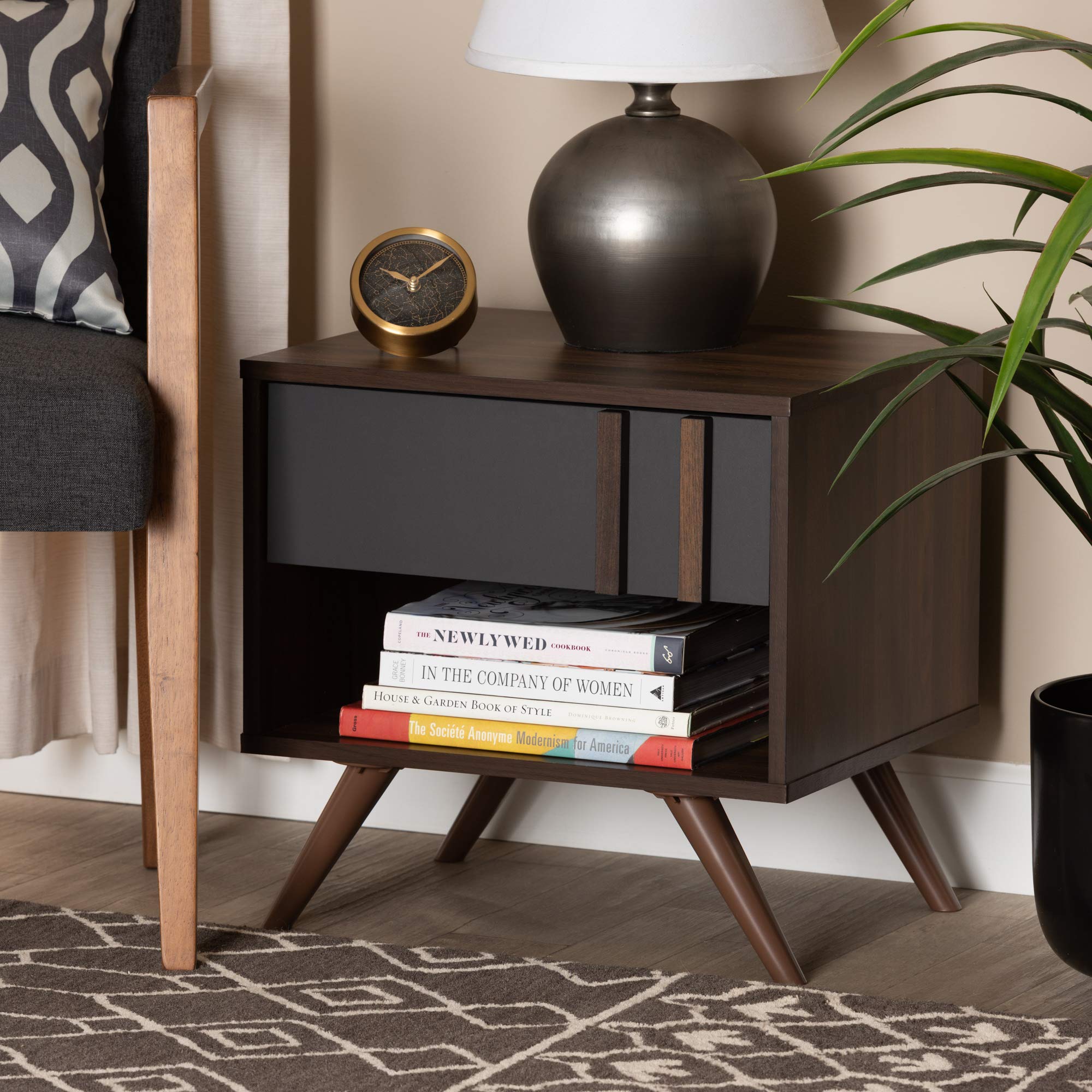 Baxton Studio Modern Nightstand with Drawer - Grey/Walnut Finish Bedside Table for Bedroom Furniture & Home Decor