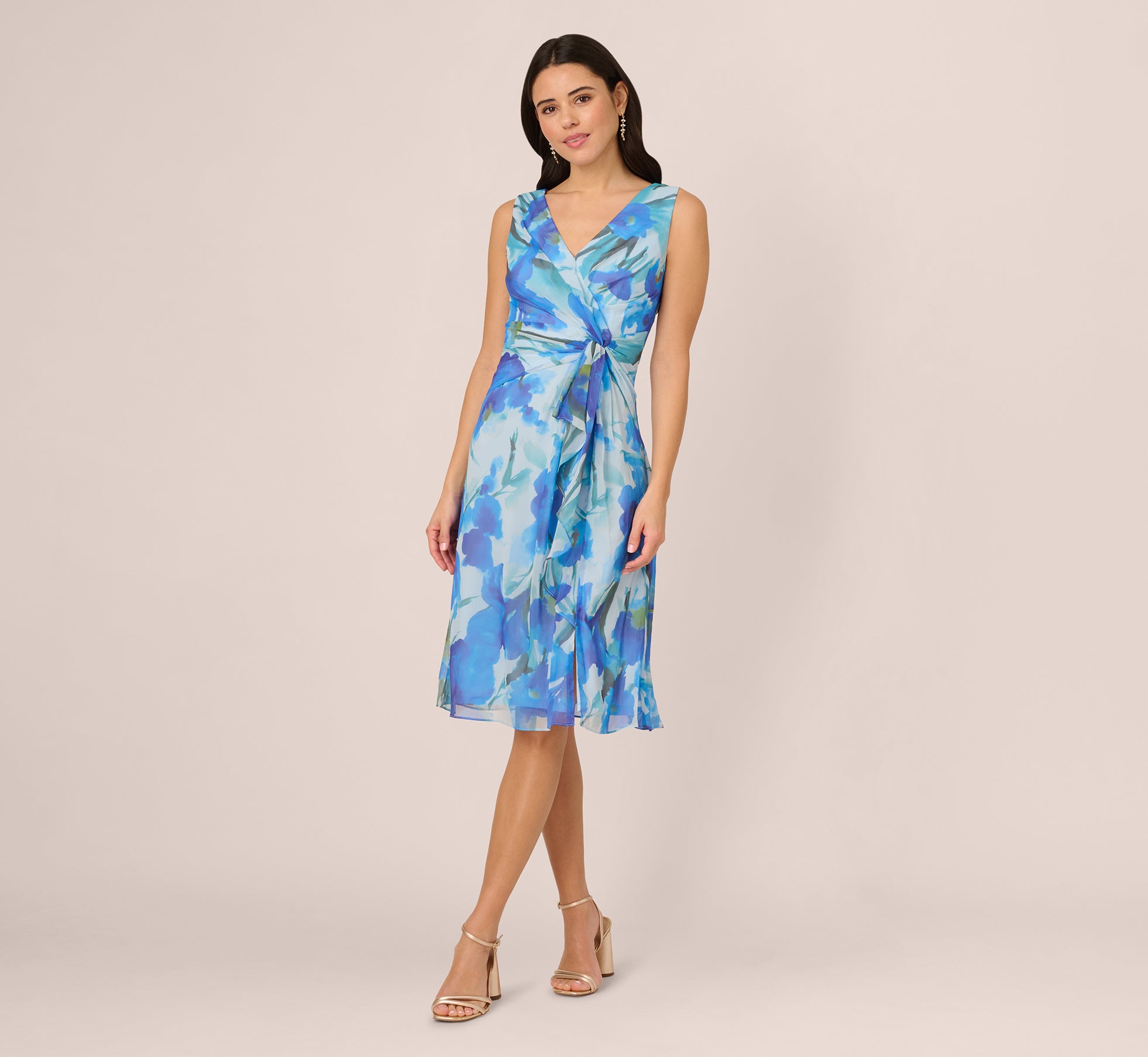 Blue Multi Floral Chiffon Sleeveless Midi Dress - Elegant Sheath Dress for Summer Weddings, Garden Parties & Cocktail Events