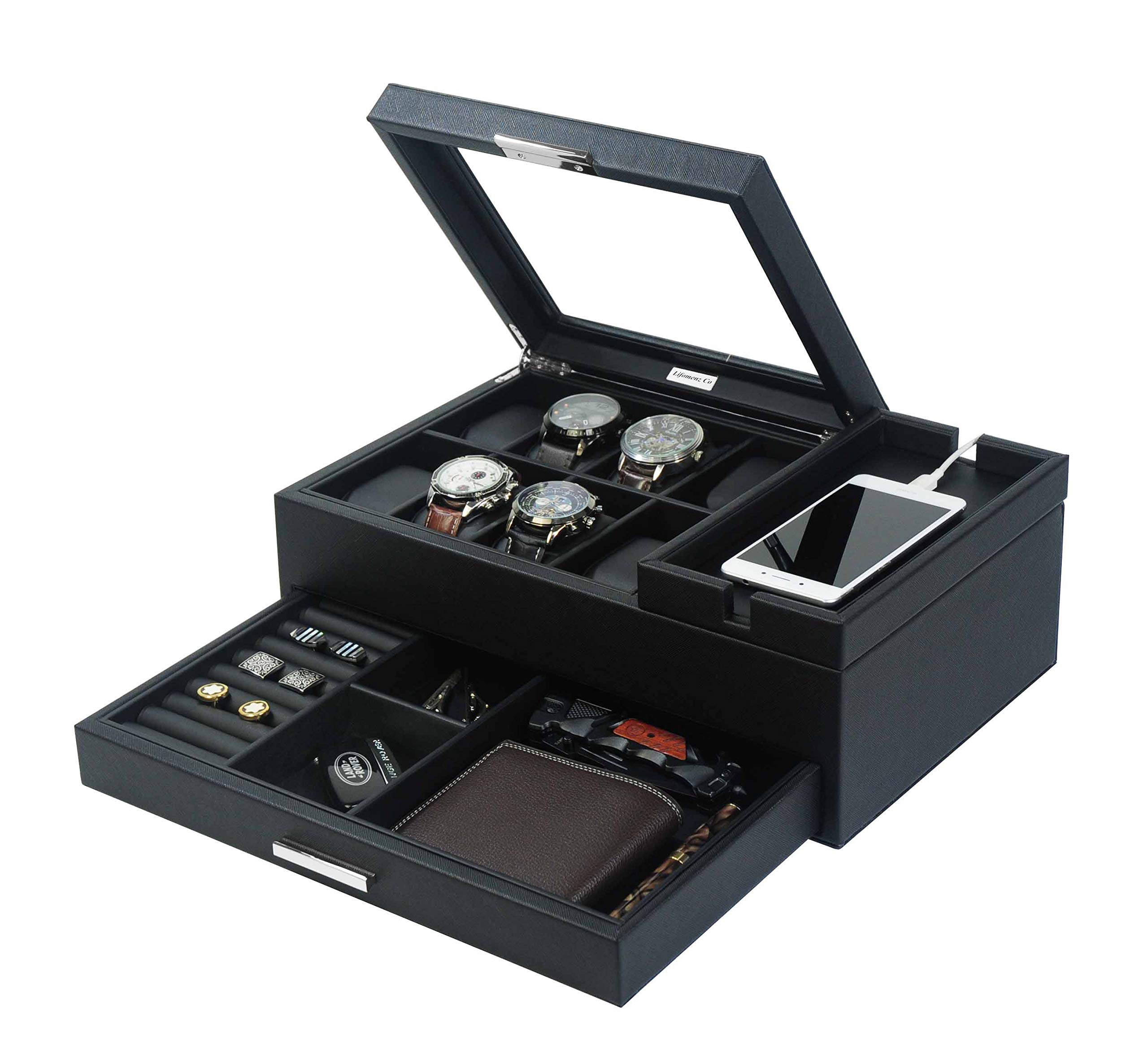 Lifomenz Men's Jewelry Box & Valet Tray with Drawer, Charging Station - Nightstand Organizer for Watch, Rings, Wallet & Accessories | Perfect Gift for Men, Home & Office Desk Organization