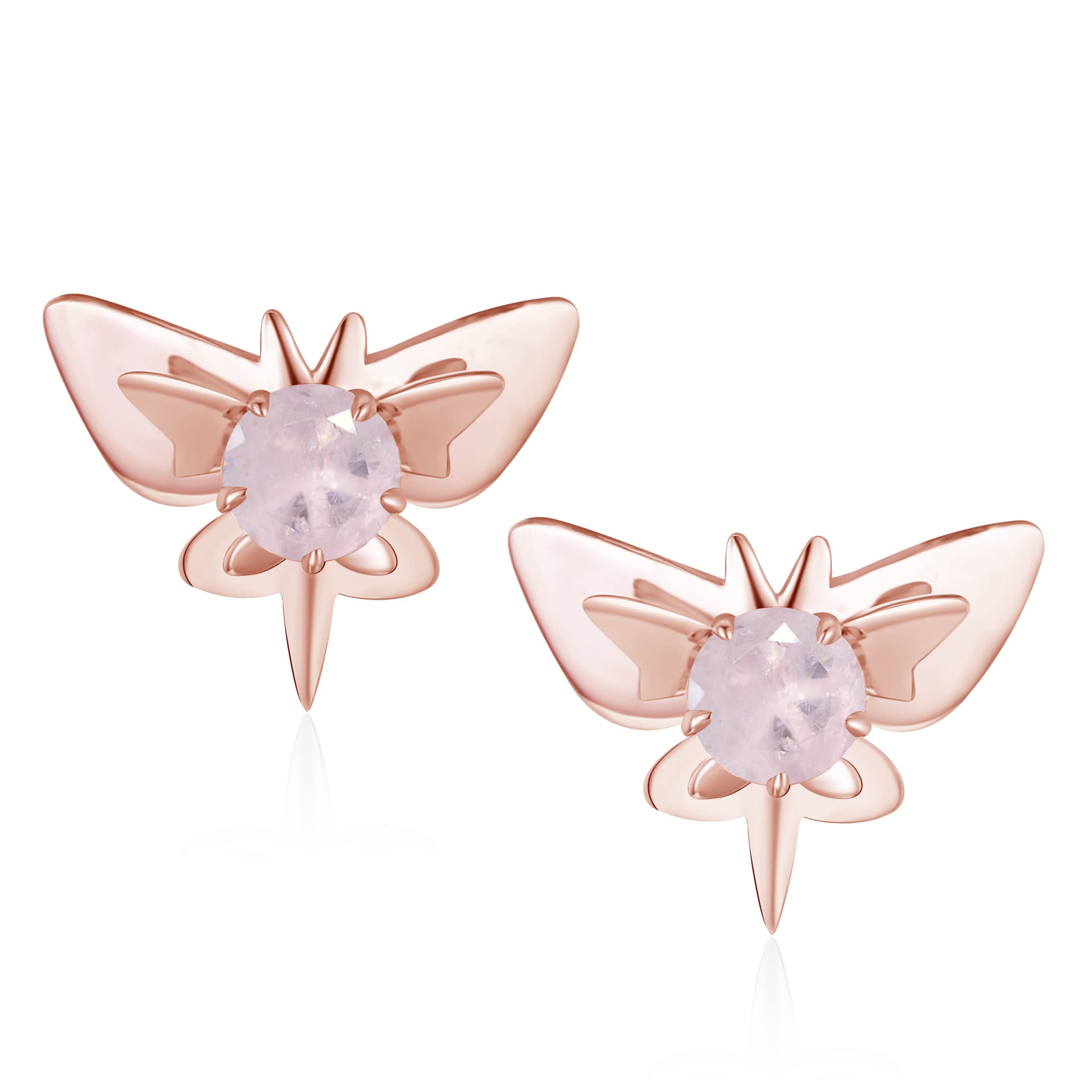 Rose Quartz Earrings for Women - Small Butterfly Studs for Multiple Piercings, Stackable Dainty Jewelry, October Birthstone Gift - Perfect for Everyday Wear & Layering Looks