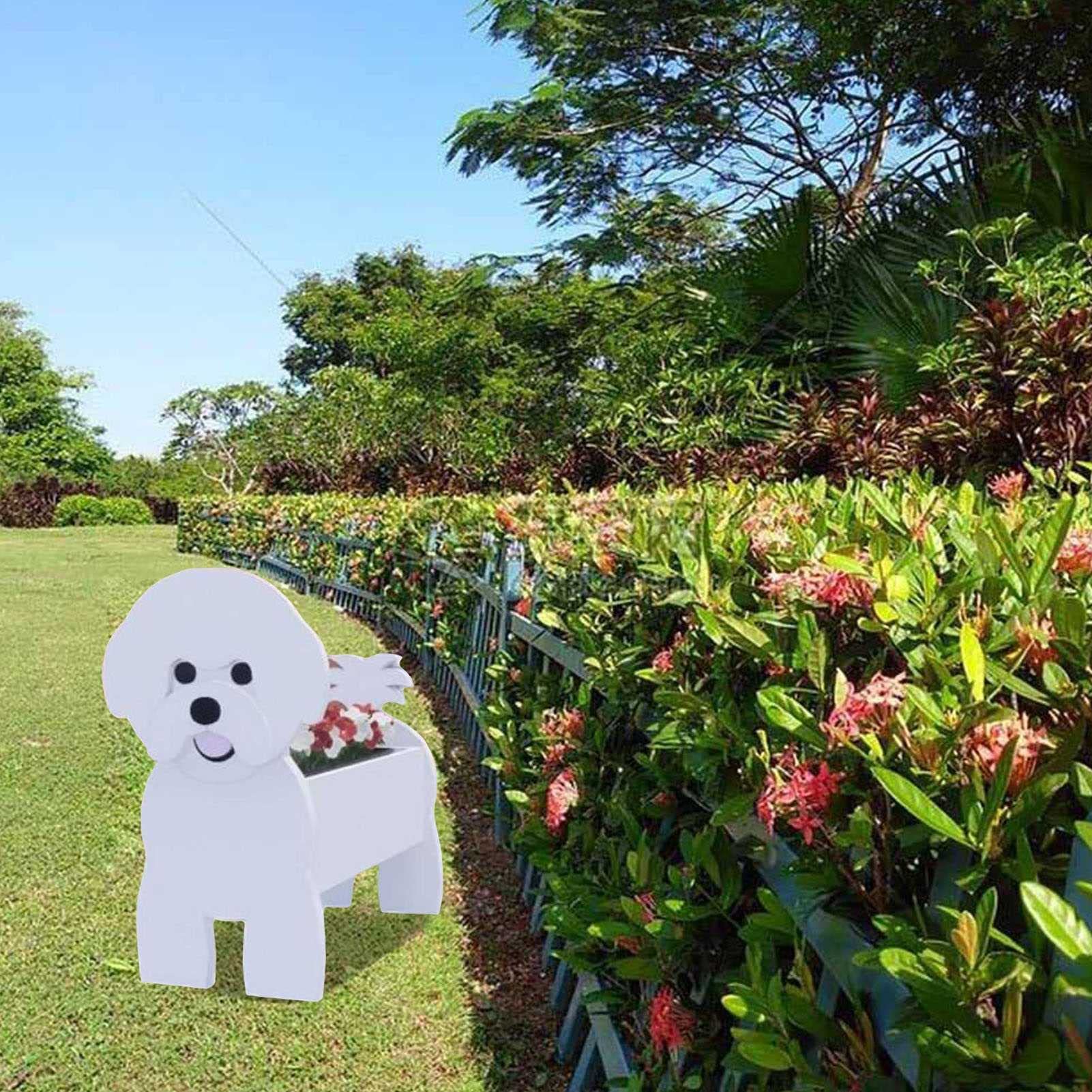 Bichon Frise Dog Planter Pot - 16.9x9.8 Inch PVC Outdoor Flower Pot for Garden, Patio Decor | Cute Animal Planter for Succulents, Herbs & Small Plants | Perfect for Home, Office & Gift Giving