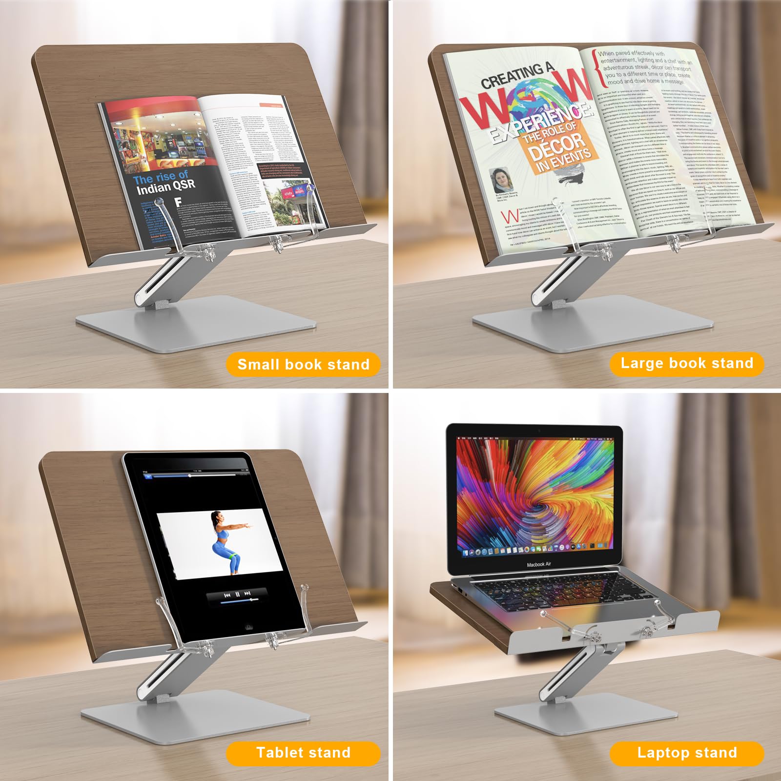 Adjustable Book Stand for Reading - Foldable Desktop Cookbook Holder with Page Clips | Perfect for Kitchen, Home Office, Study & Tablet/Kindle Use | Durable Reading Stand for Cookbooks, Laptops & E-Readers