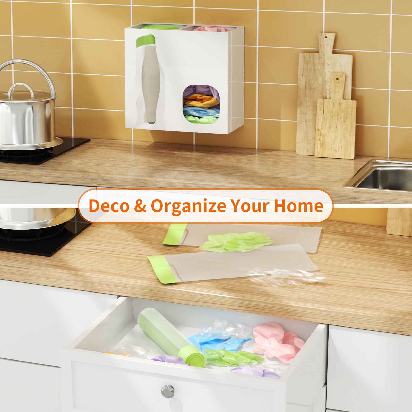 FEMELI 2-in-1 Wall Mount Trash Bag Dispenser - Kitchen Grocery Bag Organizer for Recycling & Storage