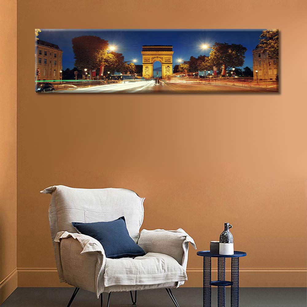 Arc de Triomphe Wall Art - Paris Night Landscape Framed Canvas Print (12x46 Inch) | Modern Home Decor for Living Room & Bedroom | Ready to Hang Wall Decor for French Theme, Office or Gift