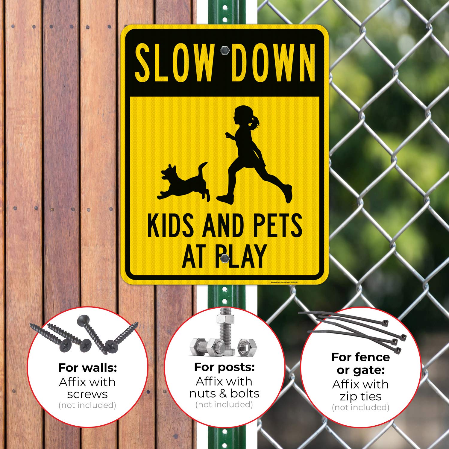 Slow Down Kids and Pets at Play Sign - 24x30 Inches Reflective Aluminum Traffic Warning Sign - 3M EGP Reflective .080 Aluminum, Fade Resistant - Perfect for Neighborhoods, Schools & Play Areas - Indoor/Outdoor Use - Made in USA