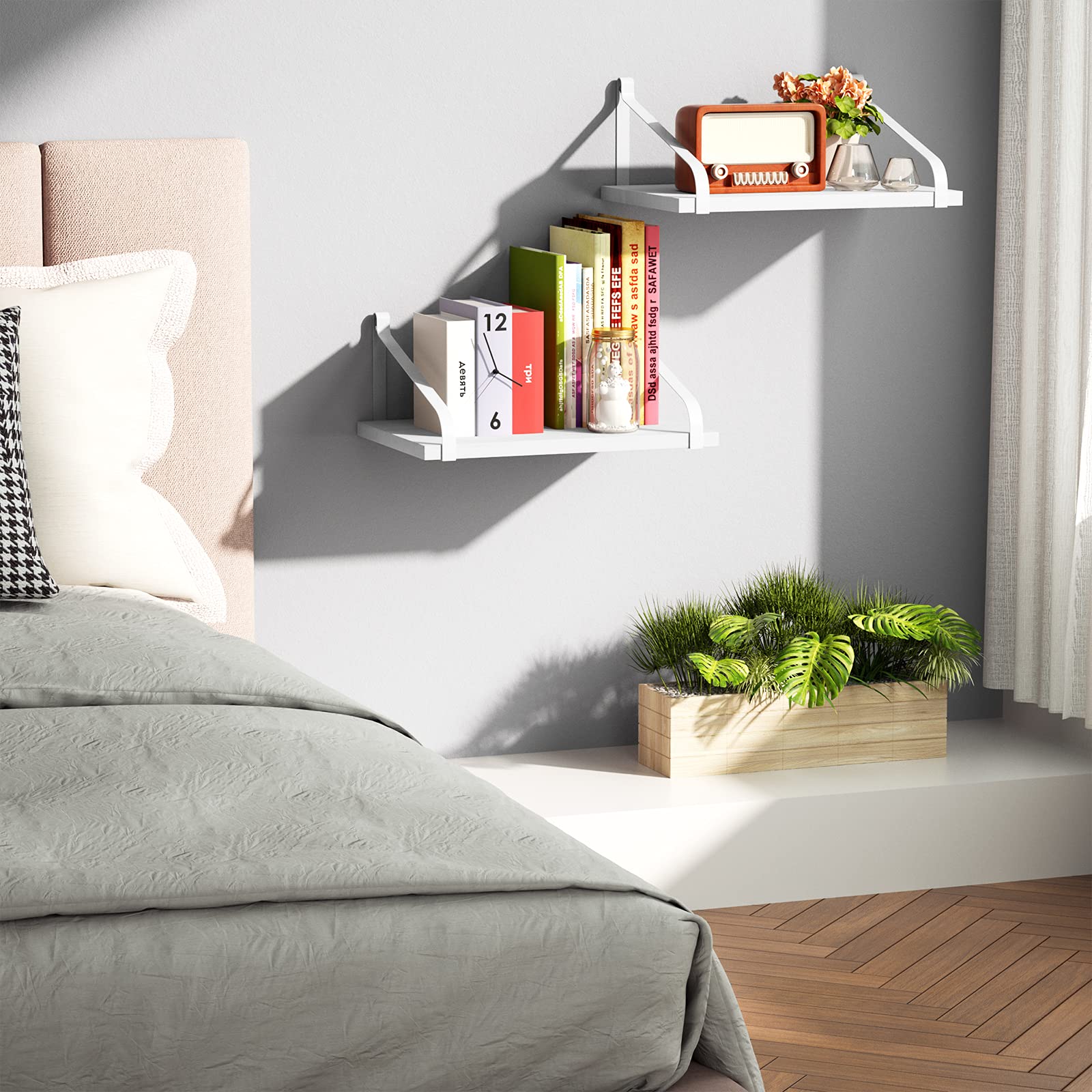 Floating Shelves Wall Mount - Set of 2 Rustic Solid Wood Shelves with Brackets, 16.5x12 Inch, Large Storage Space - Perfect for Kitchen, Living Room, Bathroom & Bedroom Organization (White)